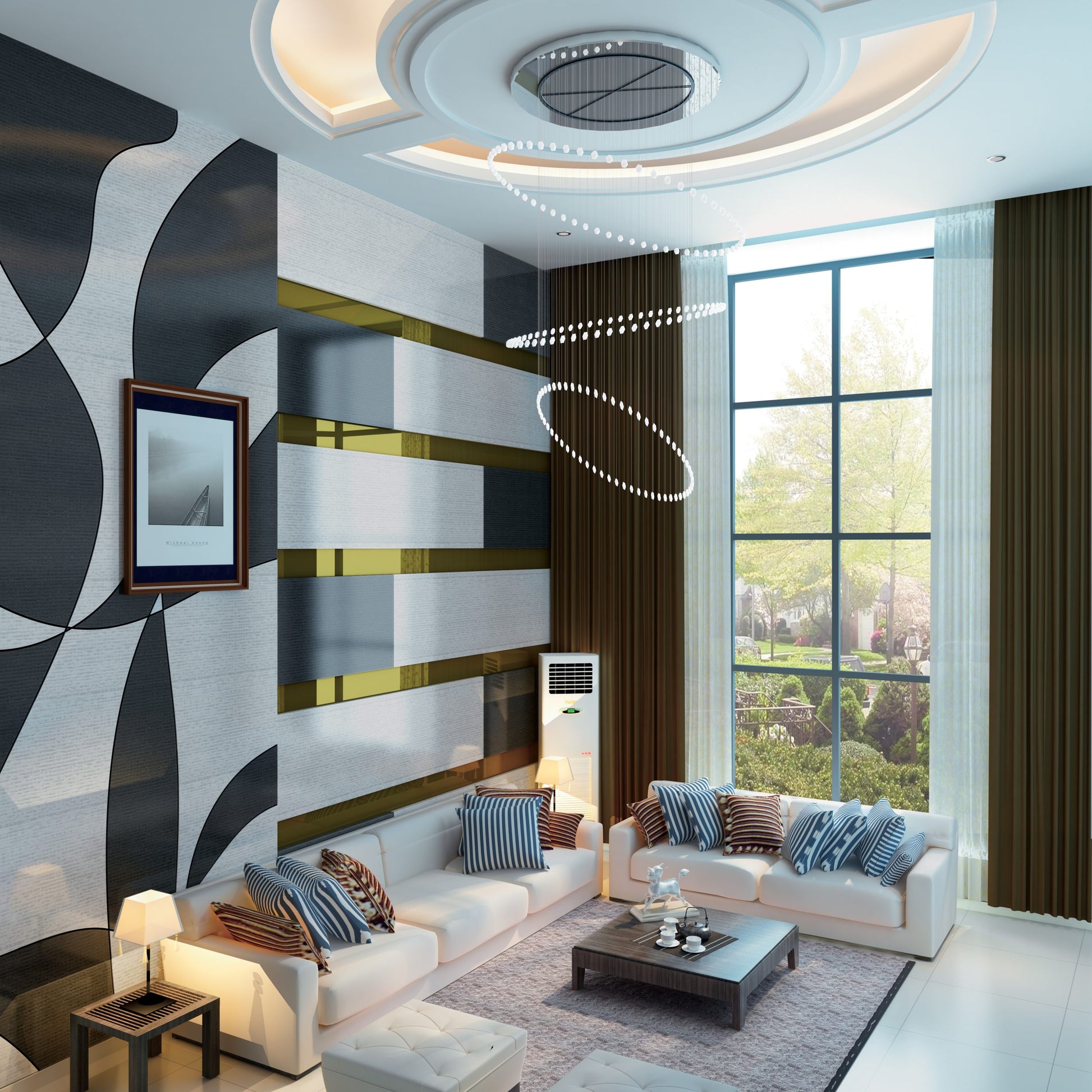 Multi-coloured luxury laminate wall with abstract pattern and metallic accents in a modern living room with white furniture.