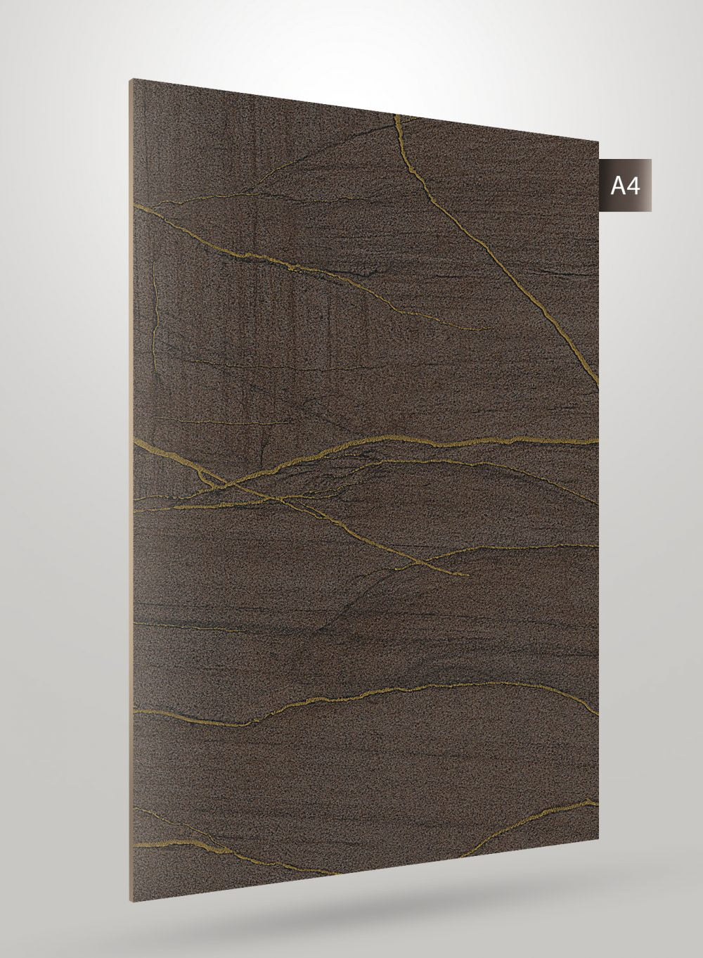 Dark brown marble laminate with gold veining and high gloss finish, showcasing textured surface and veined pattern.