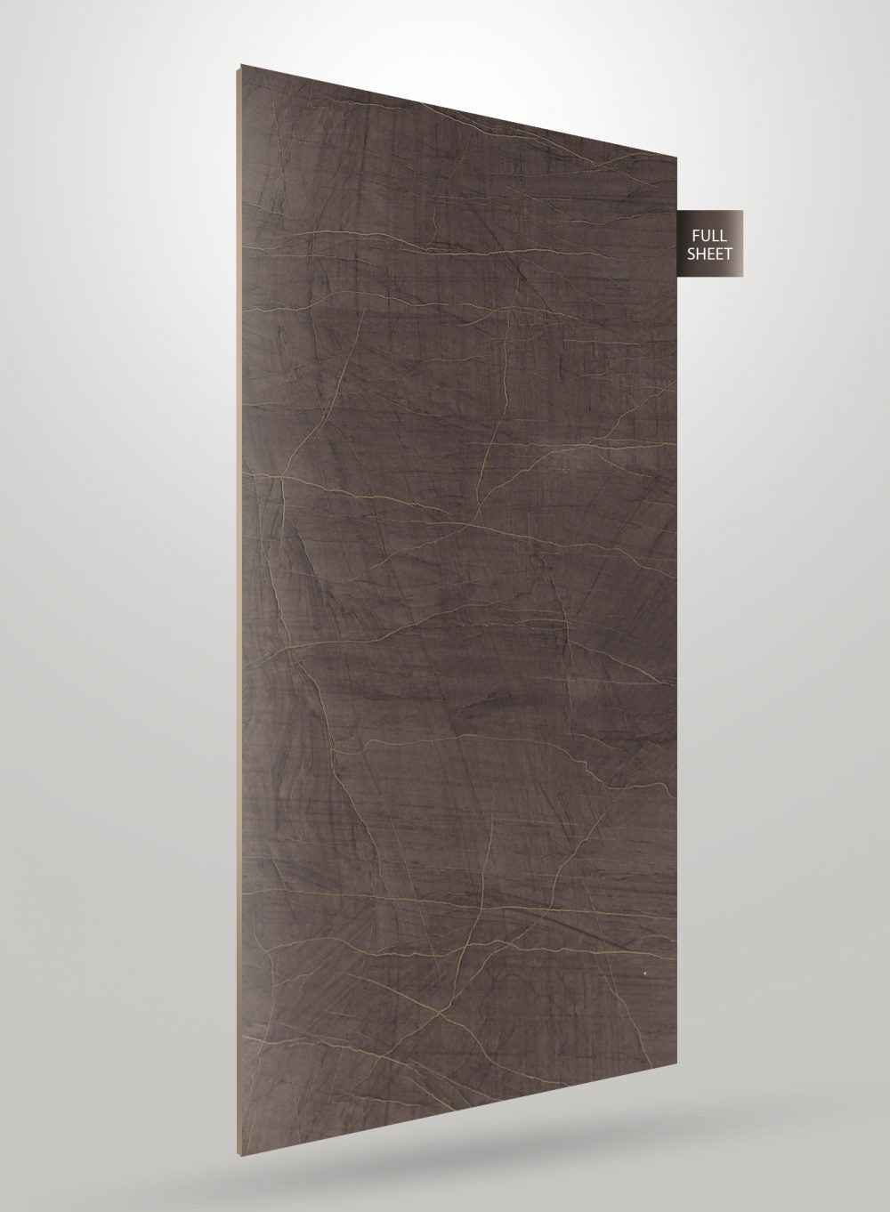 Dark brown marble laminate sheet with gold veining and high gloss finish displayed at an angle with full sheet label.