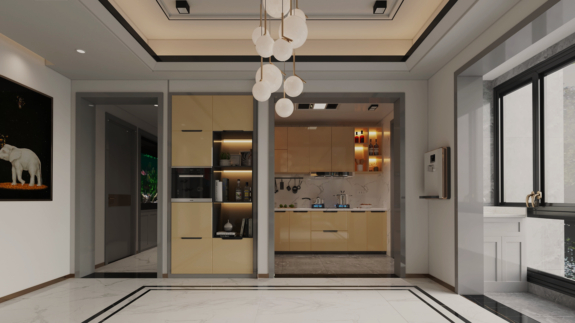 Beige high gloss laminate used on kitchen cabinets and shelves in a modern interior design setting with marble accents