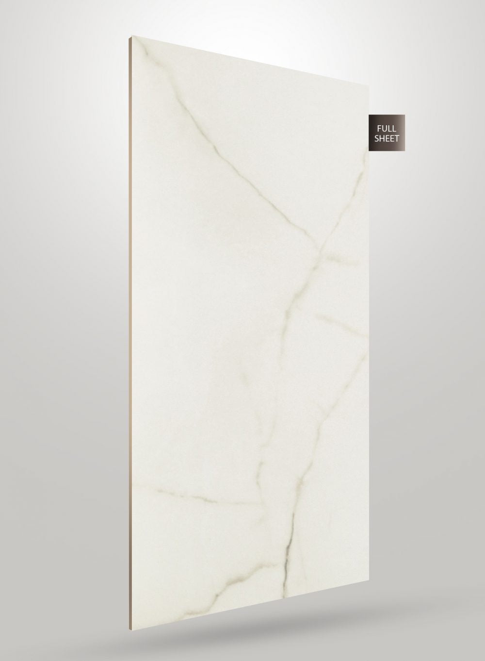 White marble laminate sheet with gray veins and matte finish displayed upright with full sheet label on gray background.