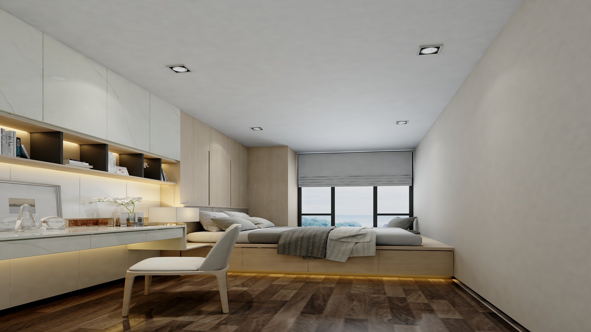 White marble laminate used in modern bedroom with built-in desk and bed, featuring wooden floor and minimalist decor.
