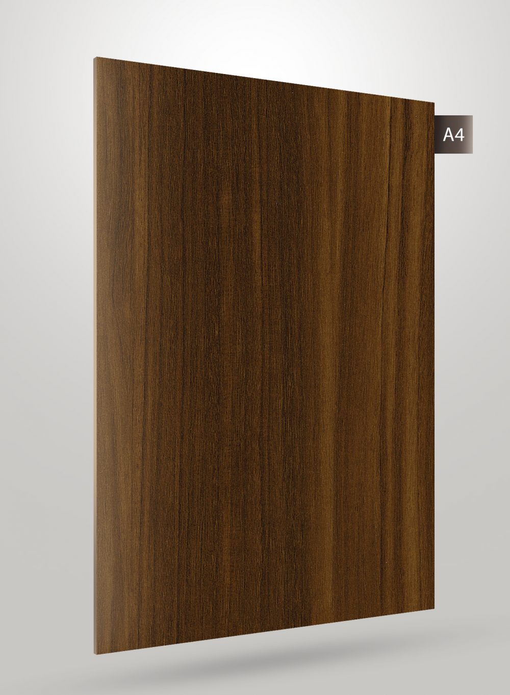 Brown wood grain decorative laminate with high gloss finish and vertical wood pattern texture on a white background