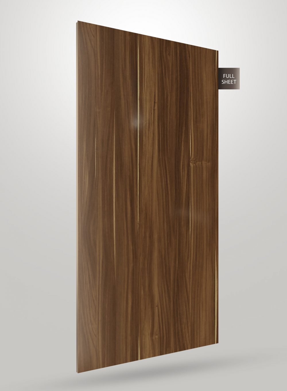 Brown wood grain decorative laminate with high gloss finish and visible wood texture and grain pattern on full sheet.