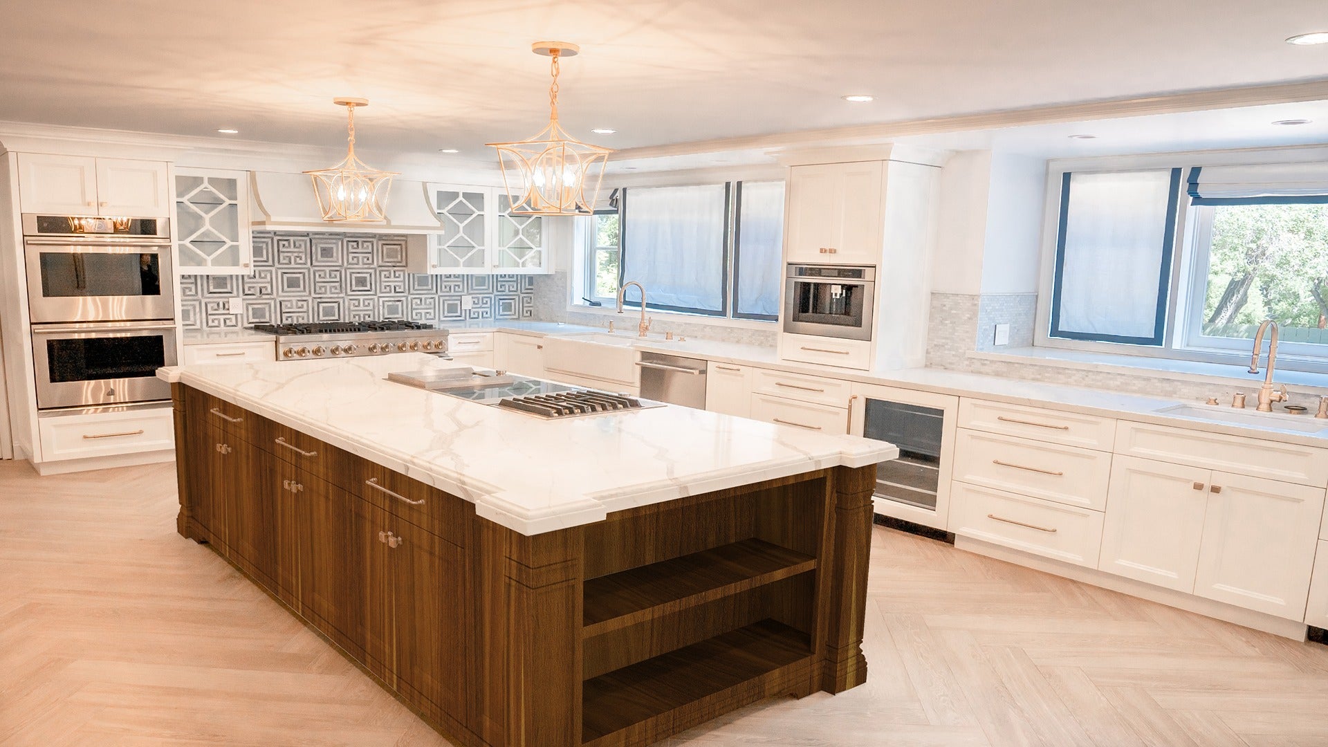 Brown wood laminate kitchen cabinets with glossy finish and wood grain texture in modern kitchen setting with white