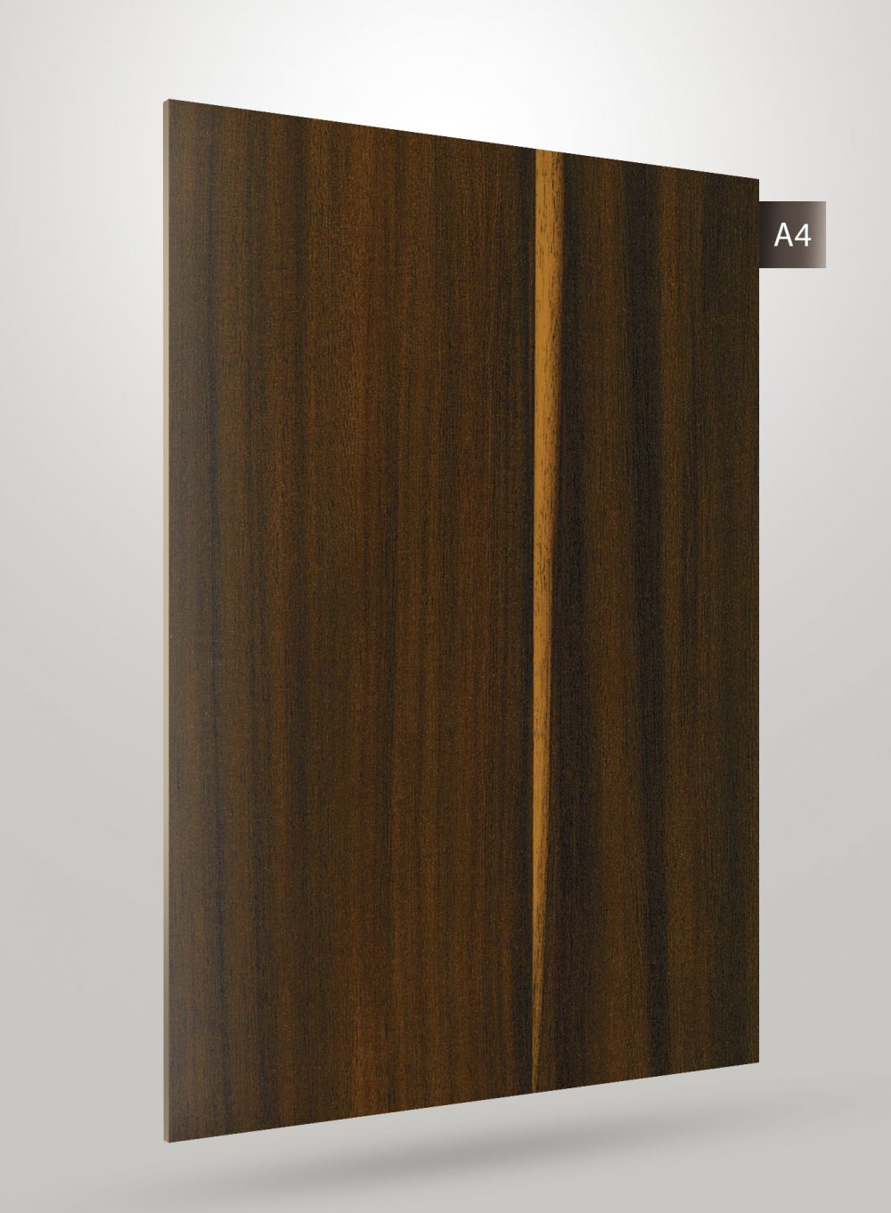 Brown wood grain decorative laminate with high gloss finish and vertical wood texture pattern on a white background