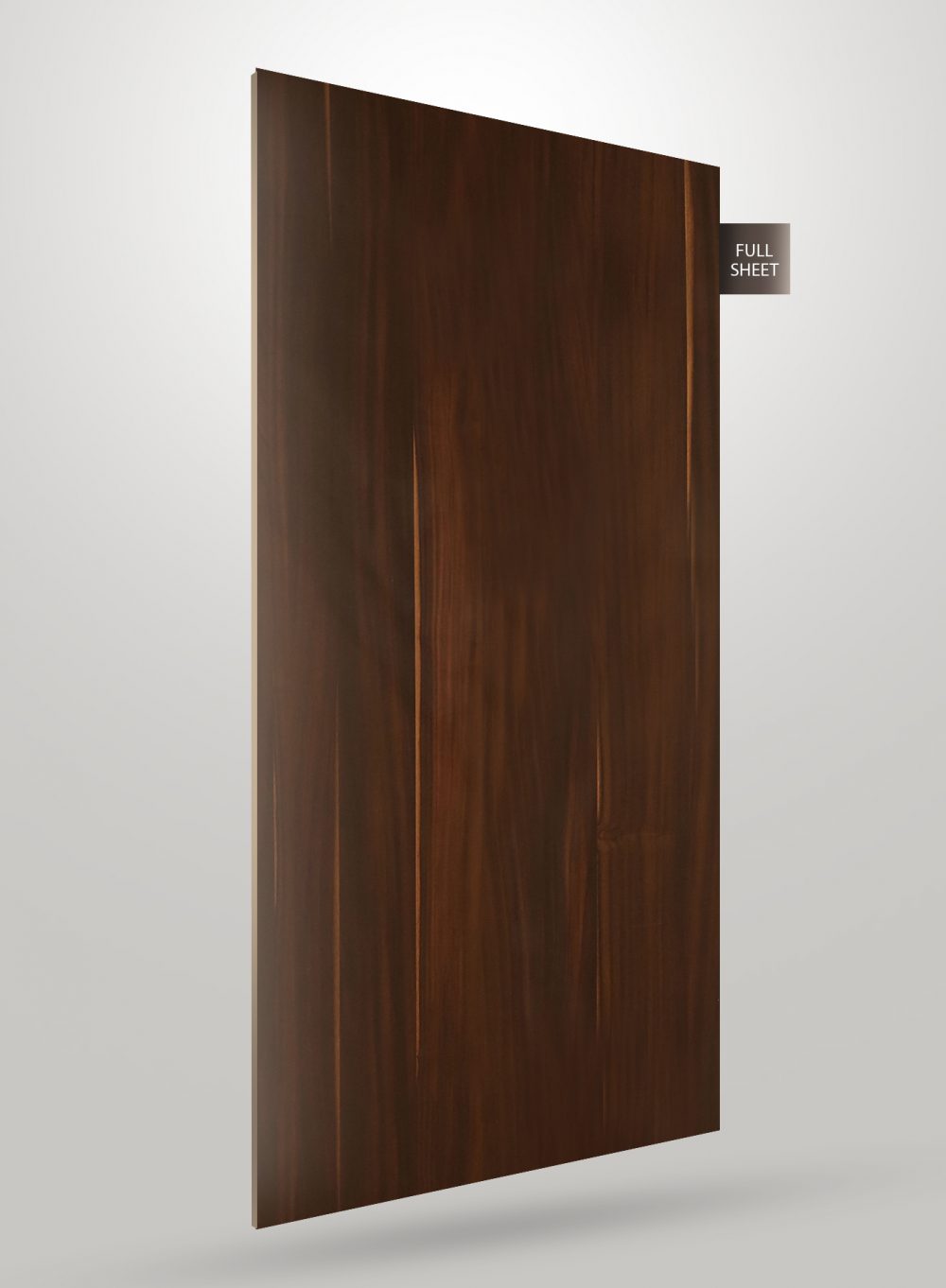 Dark brown wood grain decorative laminate with glossy finish and visible wood texture and grain pattern on full sheet