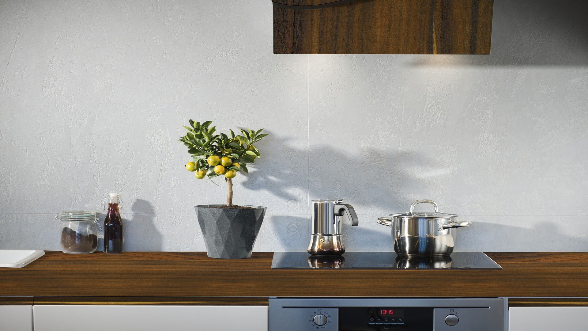 Brown wood grain laminate countertop with glossy finish in a modern kitchen setting with metallic appliances and decor.