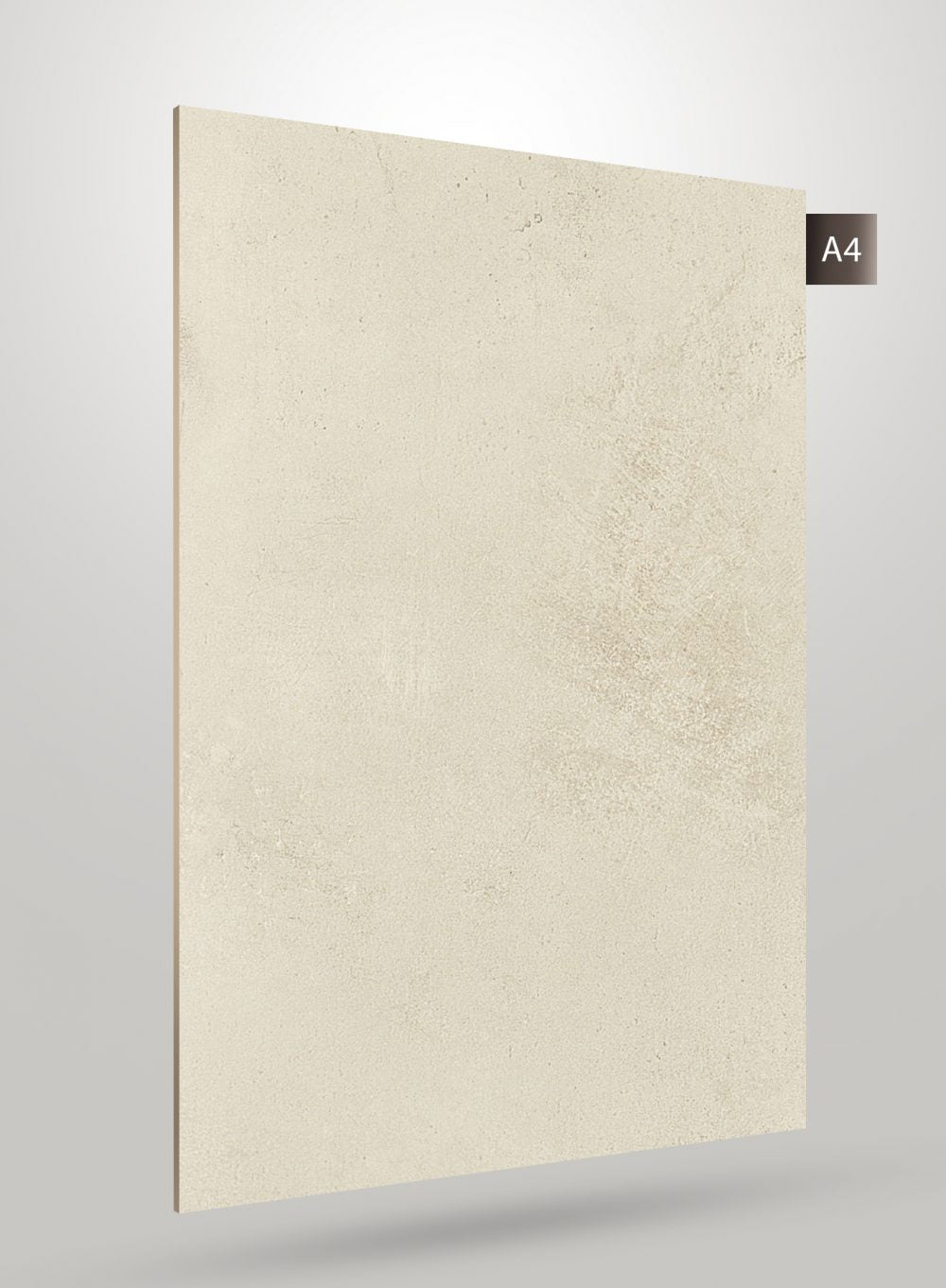 Beige stone laminate sheet with subtle texture and speckles, high gloss finish, displayed on a gray gradient background.