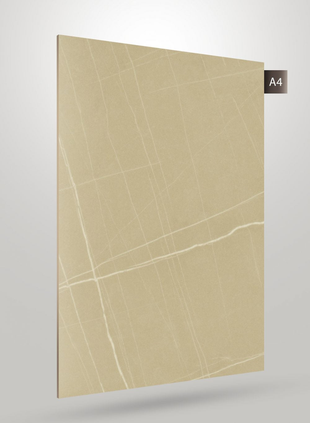 Beige marble laminate with white veining and high gloss finish, decorative stone pattern visible on the surface.