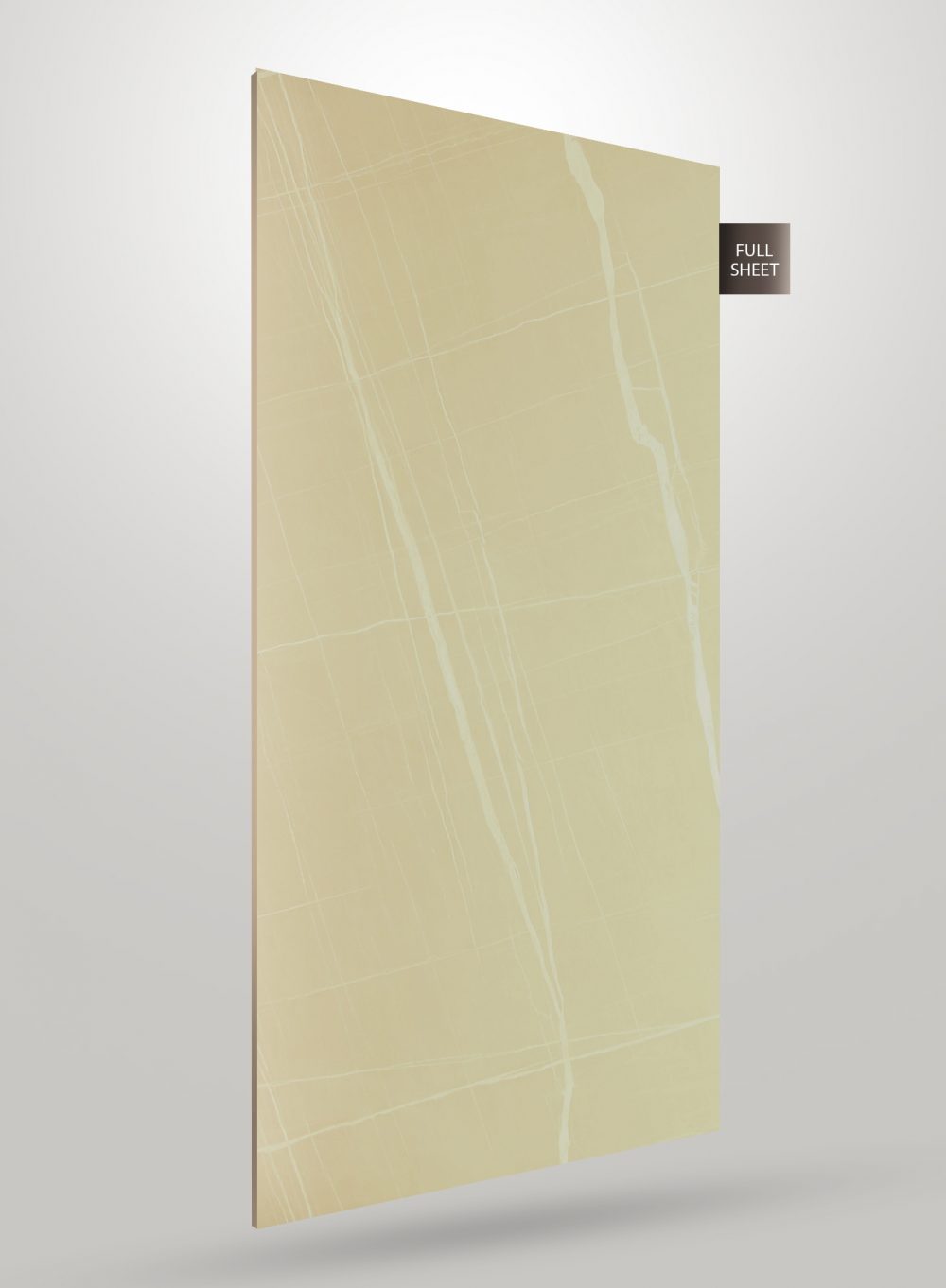 Beige marble laminate sheet with glossy finish and white veining pattern, displayed upright with full sheet label on corner.