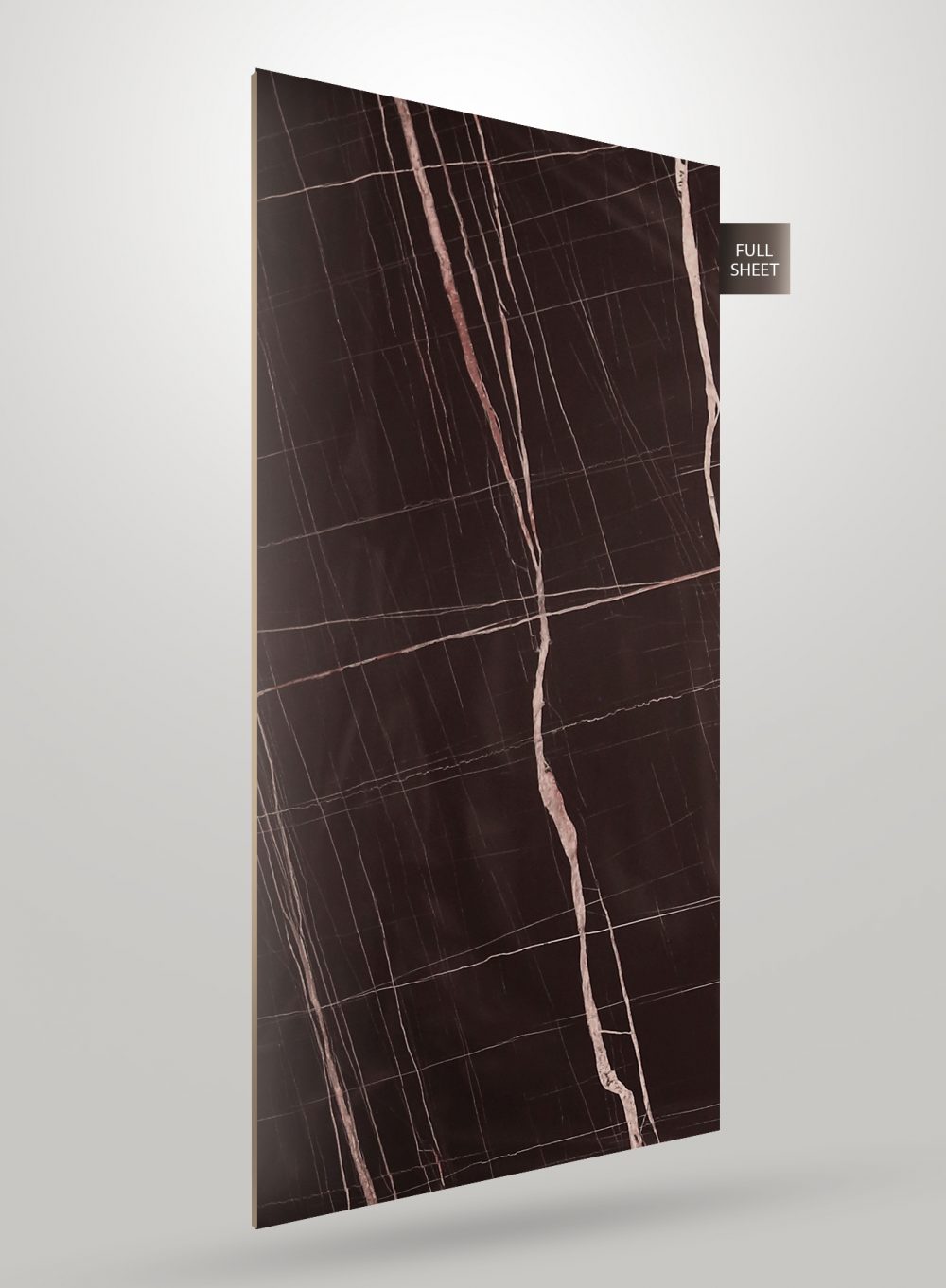 Black marble laminate with gold veining and high gloss finish, decorative sheet displayed upright with full sheet label.