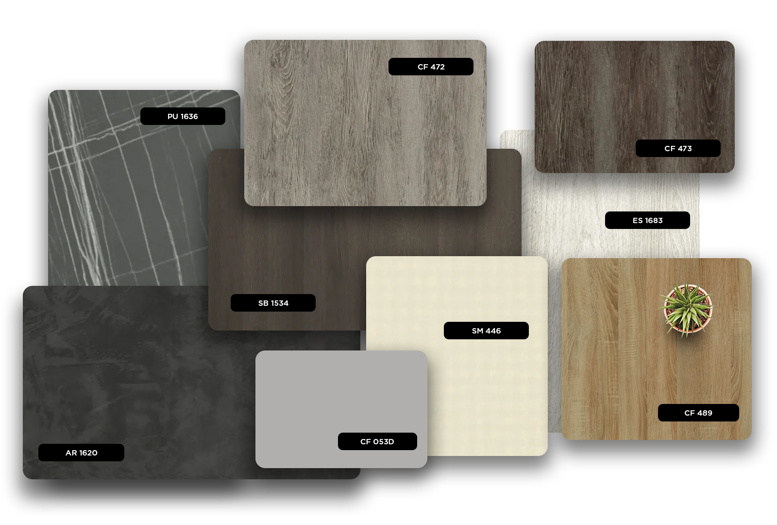 Grey marble laminate with white veining and matte finish, showcasing various decorative laminate samples with different