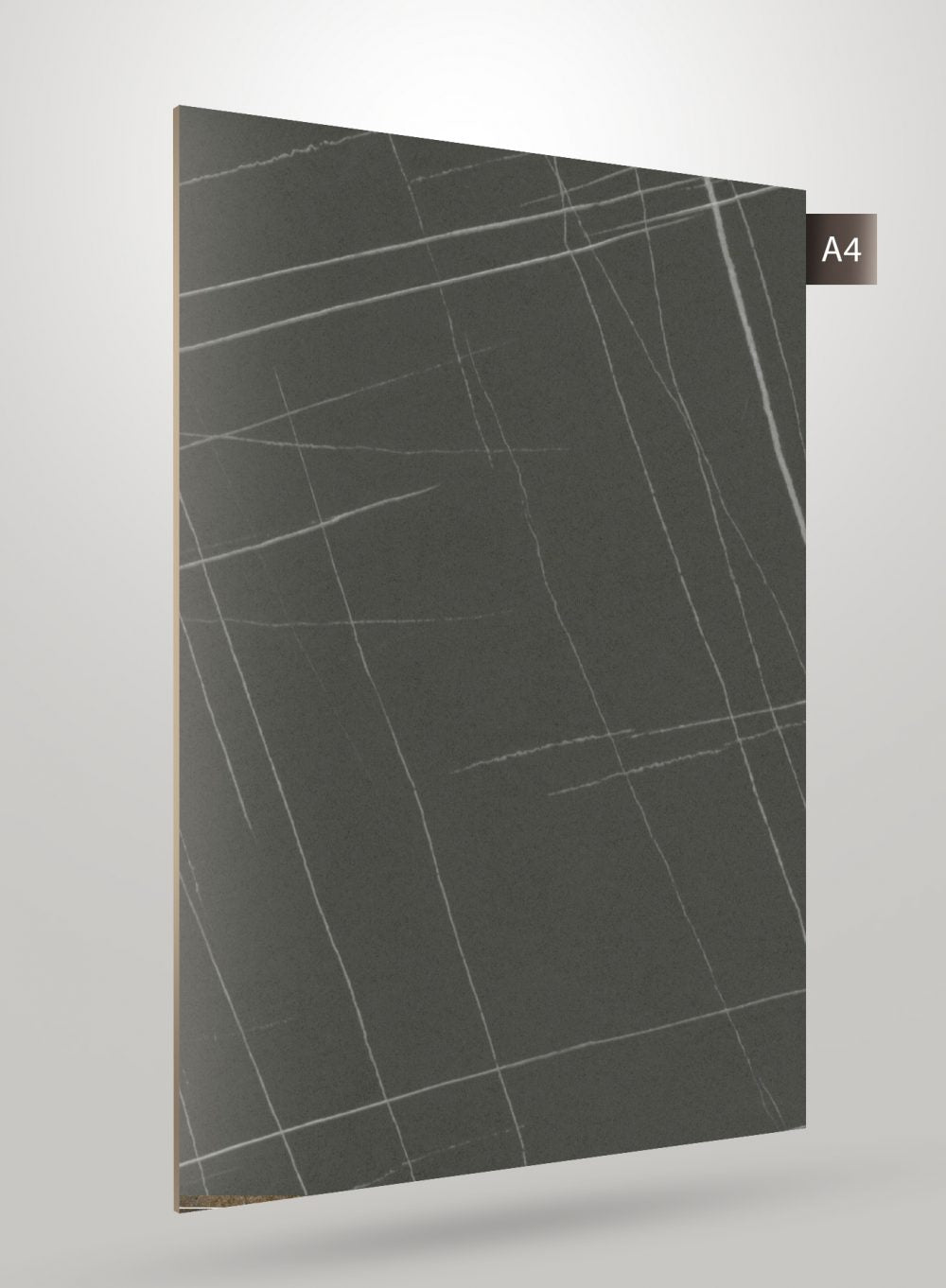 Grey marble laminate with white veining and matte finish, showcasing a stone pattern with diagonal lines and subtle texture.