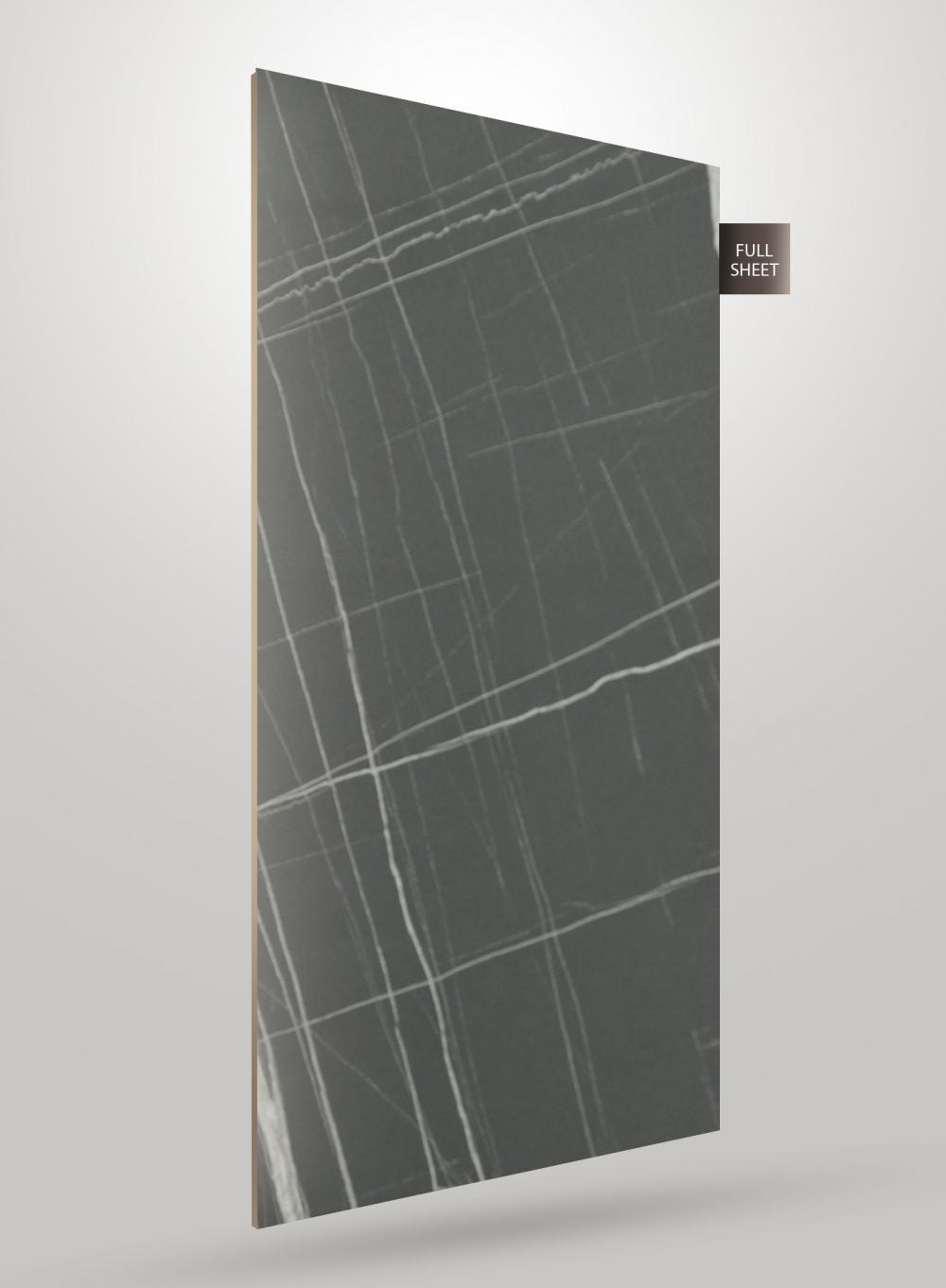 Grey marble laminate sheet with white veining and matte finish, labeled full sheet on corner.