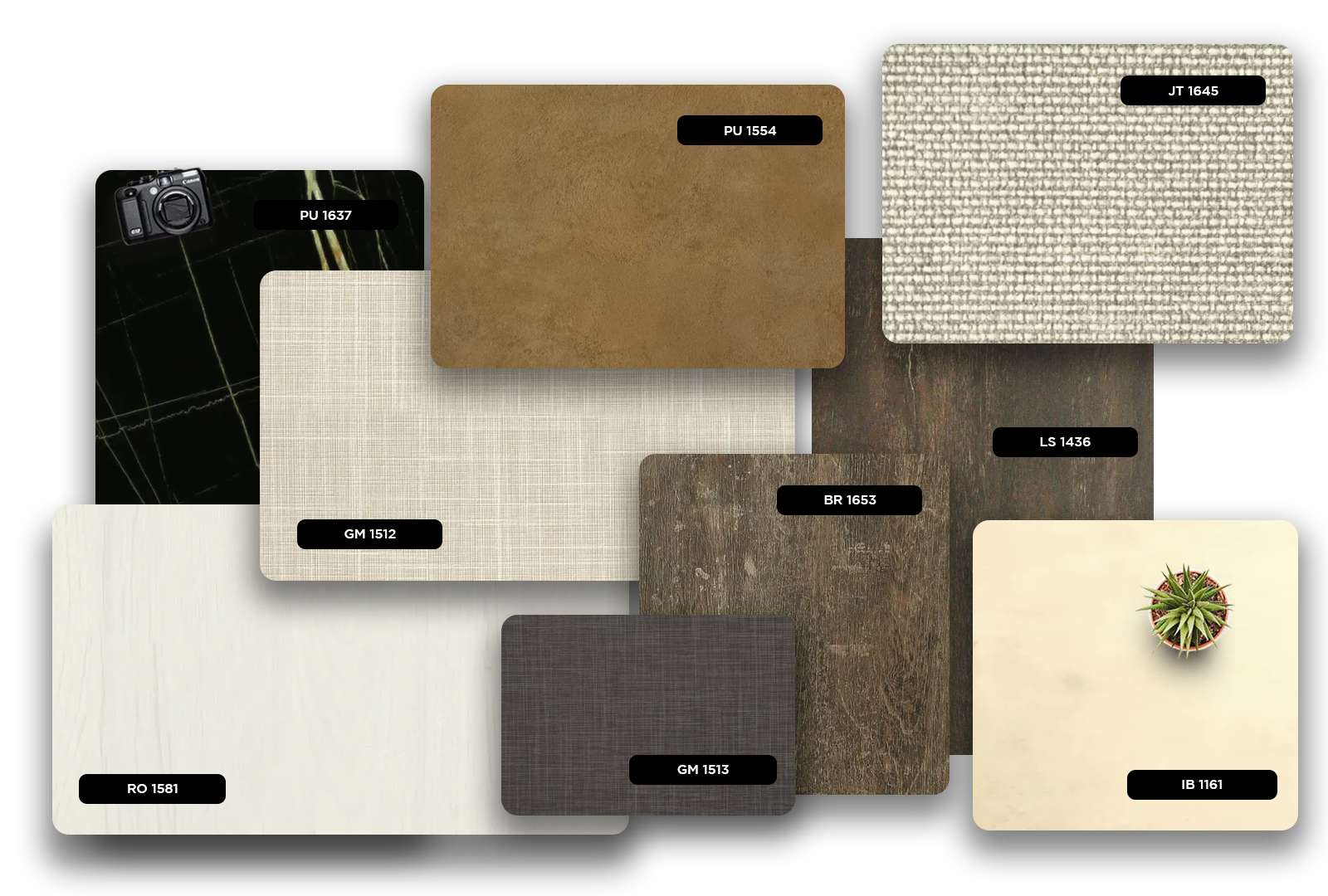 Multicolored patterned laminate with matte finish and various textures, showcasing different designs and codes for