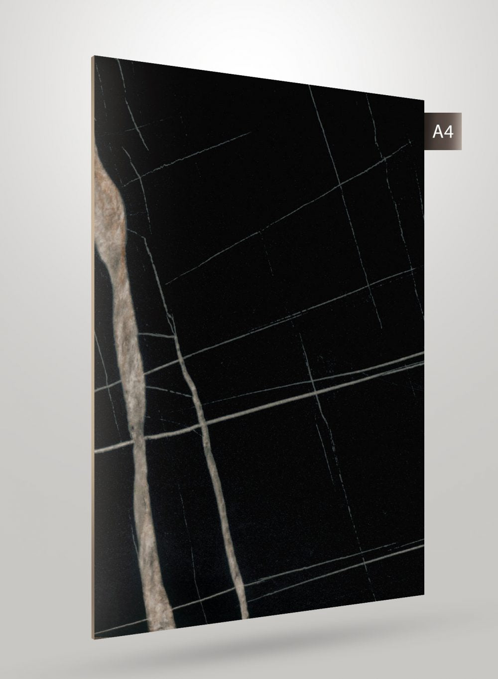 Black marble patterned laminate with white veins and matte finish, showcasing textured surface and subtle sheen.