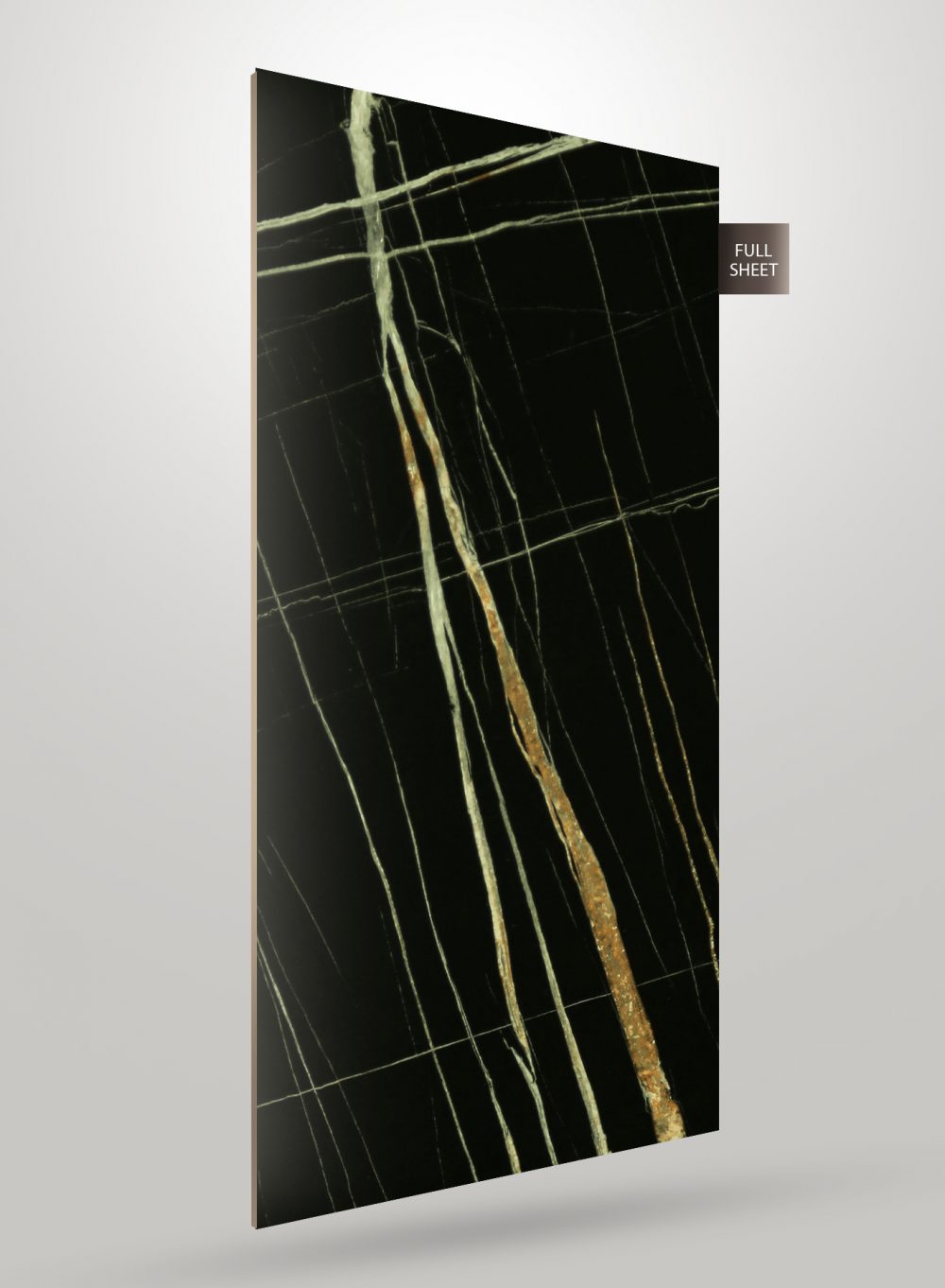 Black marble patterned laminate with gold streaks and matte finish, displayed as full sheet.