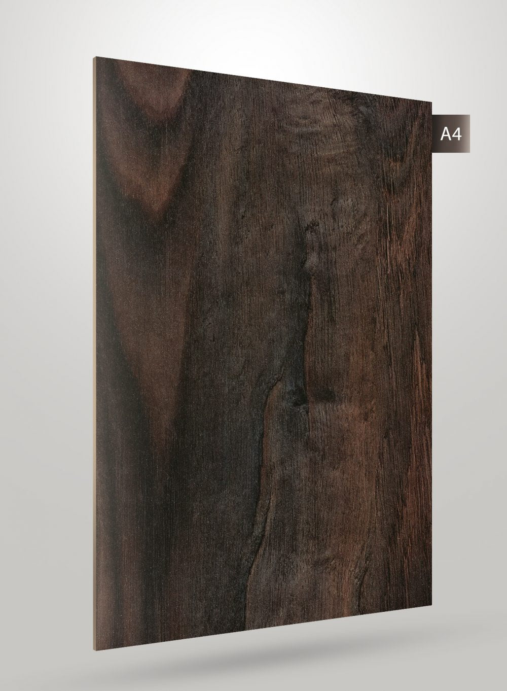 Dark brown wood grain decorative laminate with glossy finish and visible wood texture and knots.