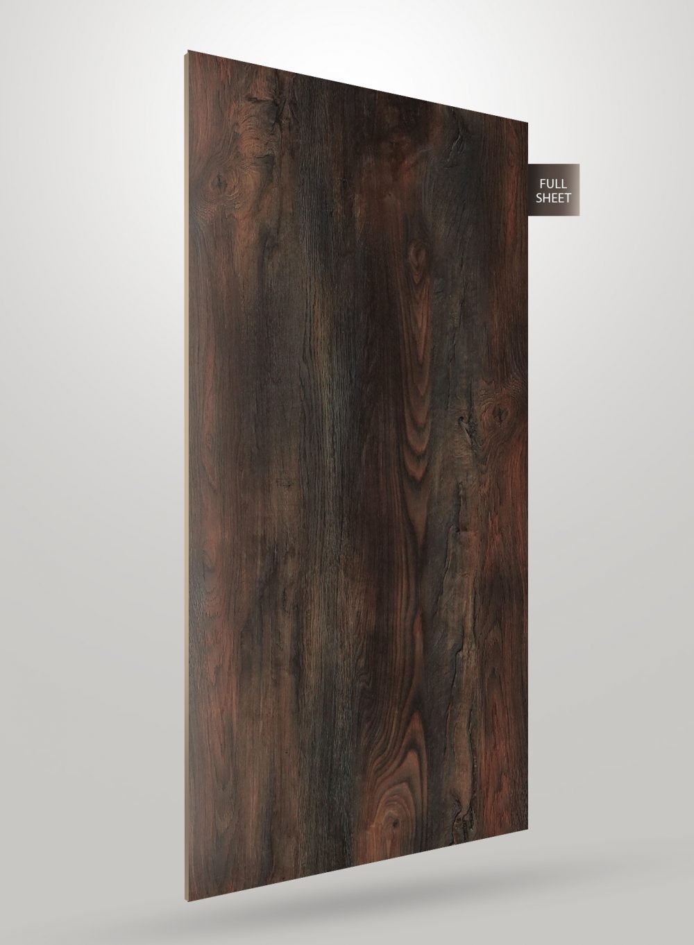 Dark brown wood grain decorative laminate with glossy finish and visible texture, labeled full sheet.