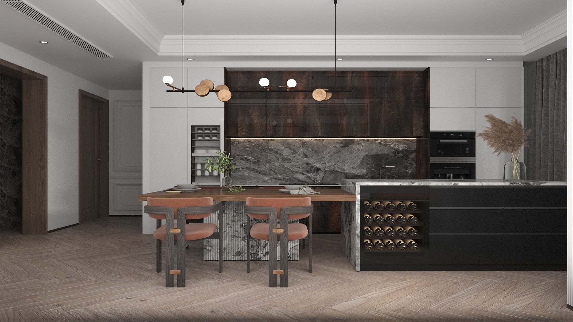 Dark brown wood laminate kitchen cabinets with glossy finish and wood grain texture in modern dining room setting