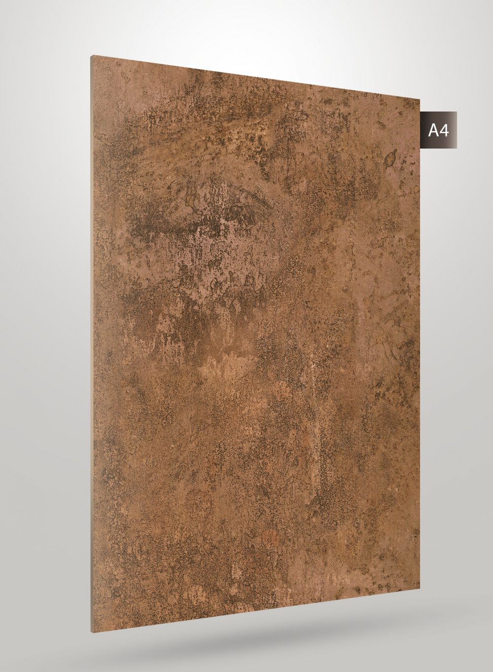 Brown marble laminate with textured stone pattern and high gloss finish, angled to show thickness against a white background.