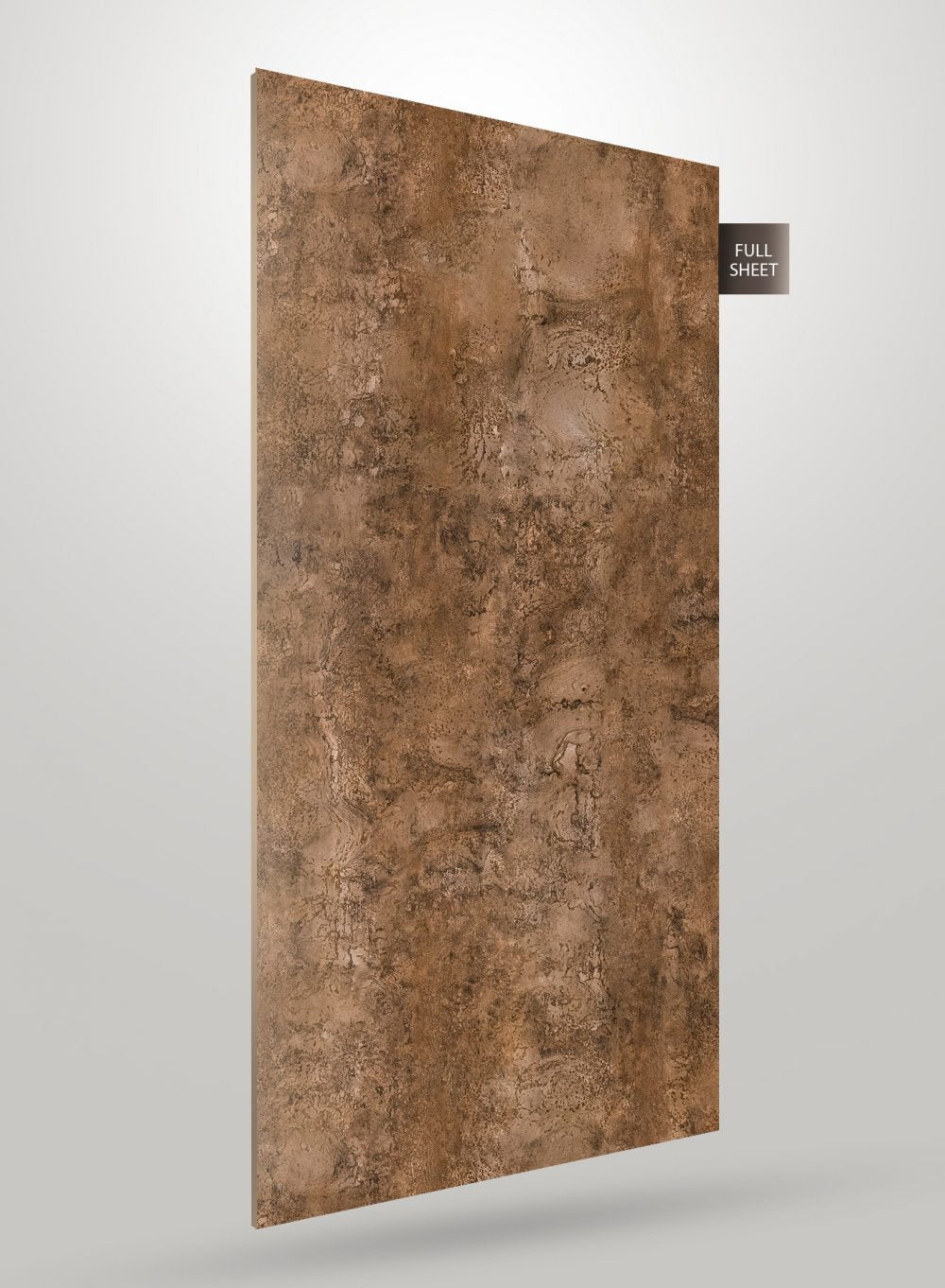 Brown marble laminate sheet with textured pattern and glossy finish displayed on a white background with full sheet label.