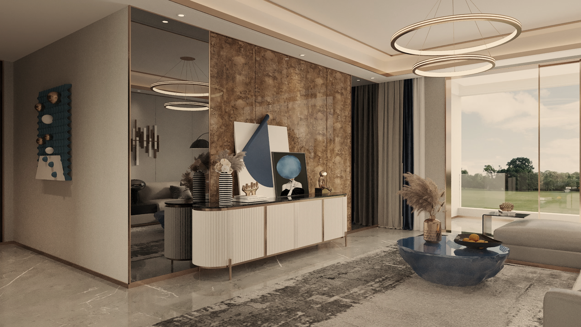 Brown marble laminate wall with high gloss finish in modern living room with minimalist decor and large window