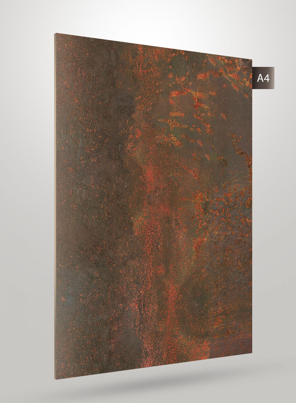Brown metallic laminate with high gloss finish and textured rust pattern, showing orange speckles and subtle sheen on