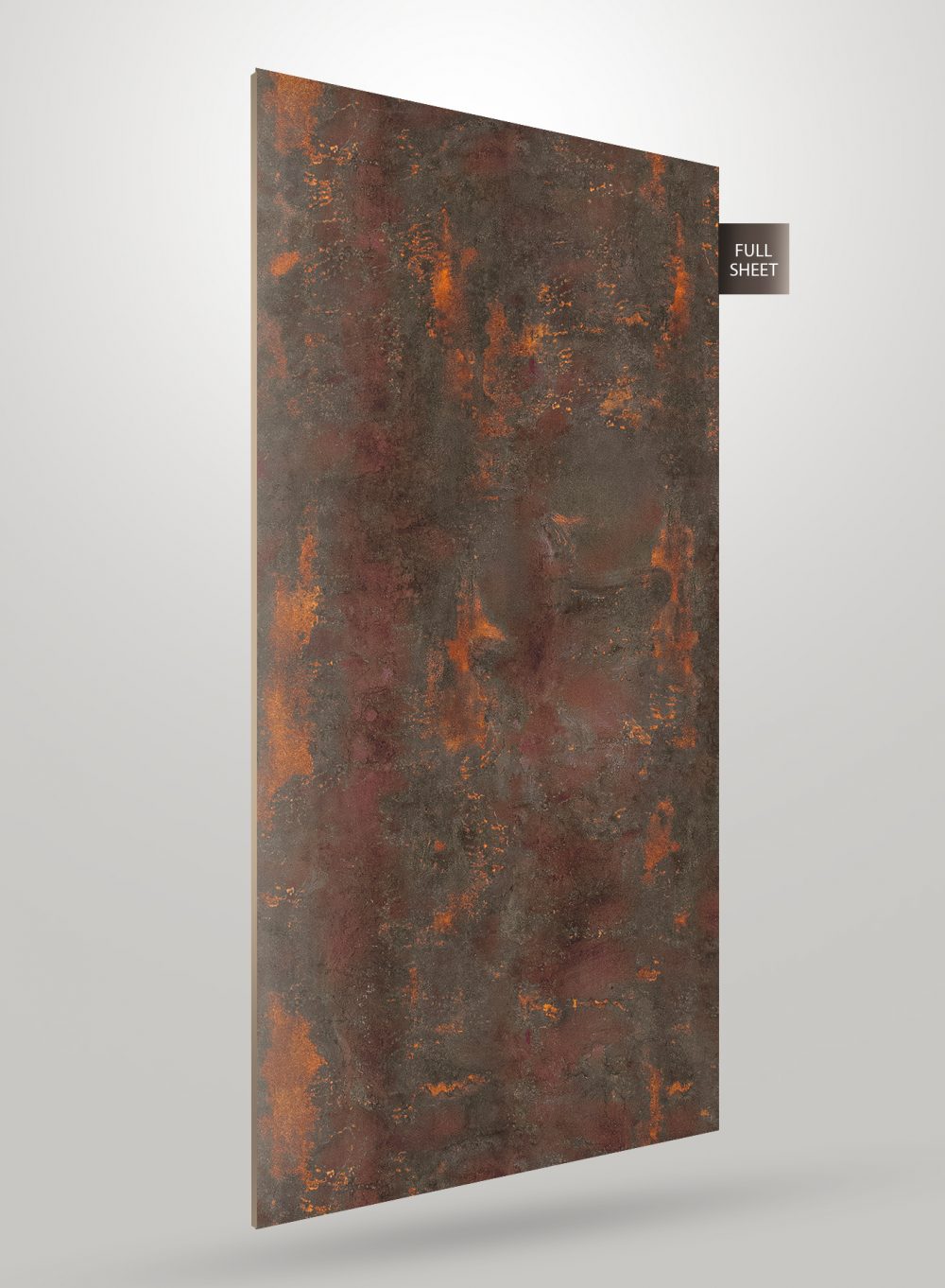 Brown metallic laminate sheet with rusty texture and orange accents, high gloss finish, labeled full sheet.