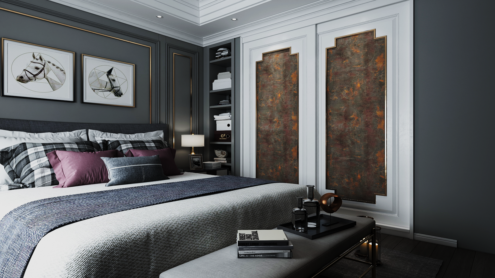 Brown metallic laminate with high gloss finish on bedroom wall panels, showing textured rust-like pattern and gold accents.