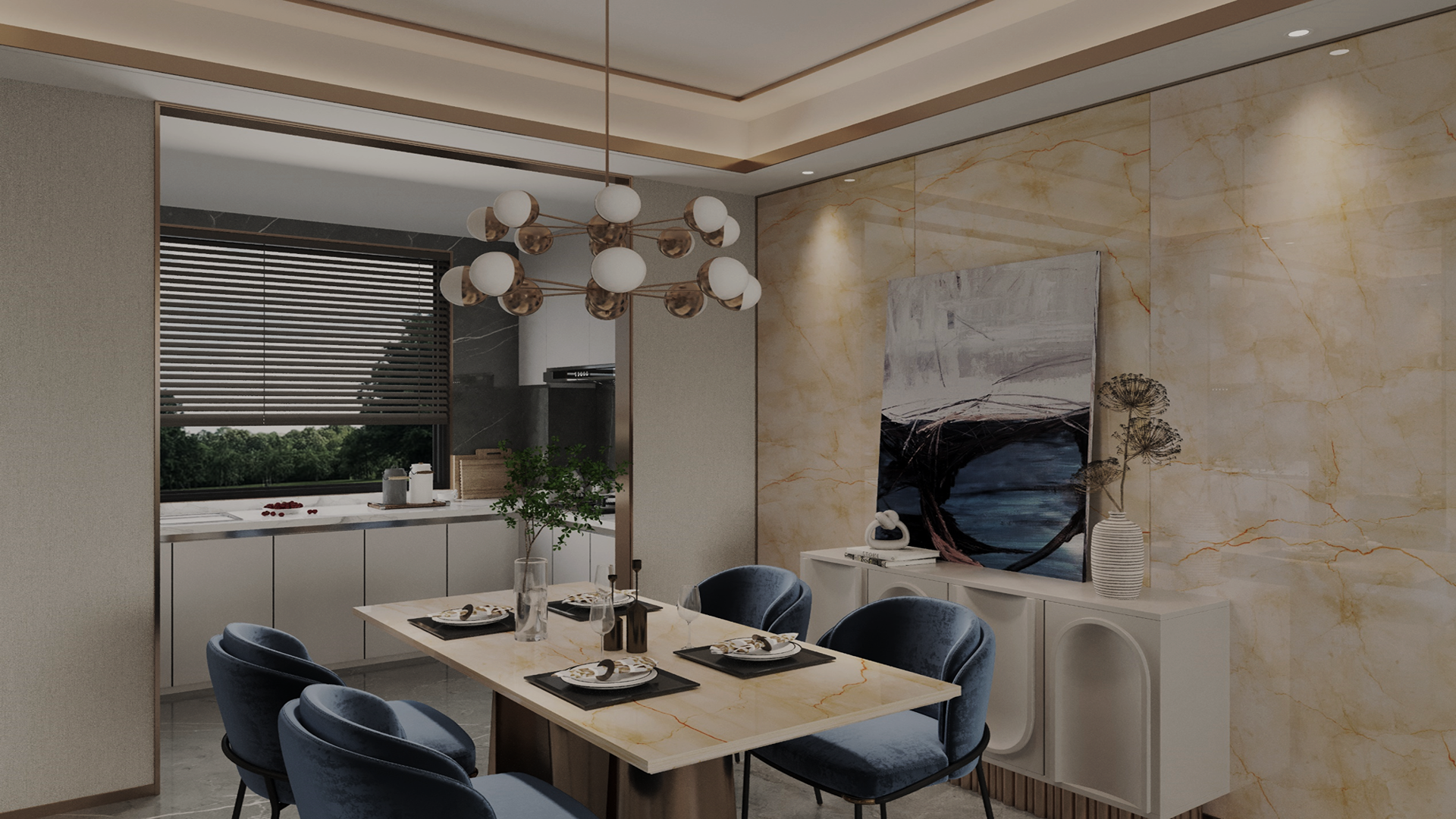 Marble laminate wall and table with gold veining and glossy finish in modern dining room setting with blue chairs