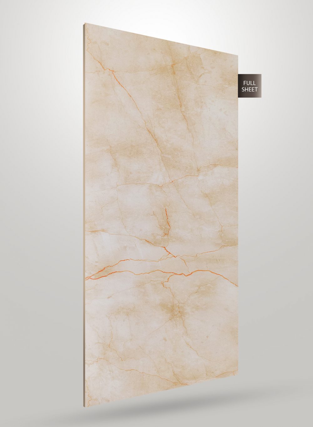 Beige marble laminate sheet with orange veins and high gloss finish, shown in full sheet view with visible texture and