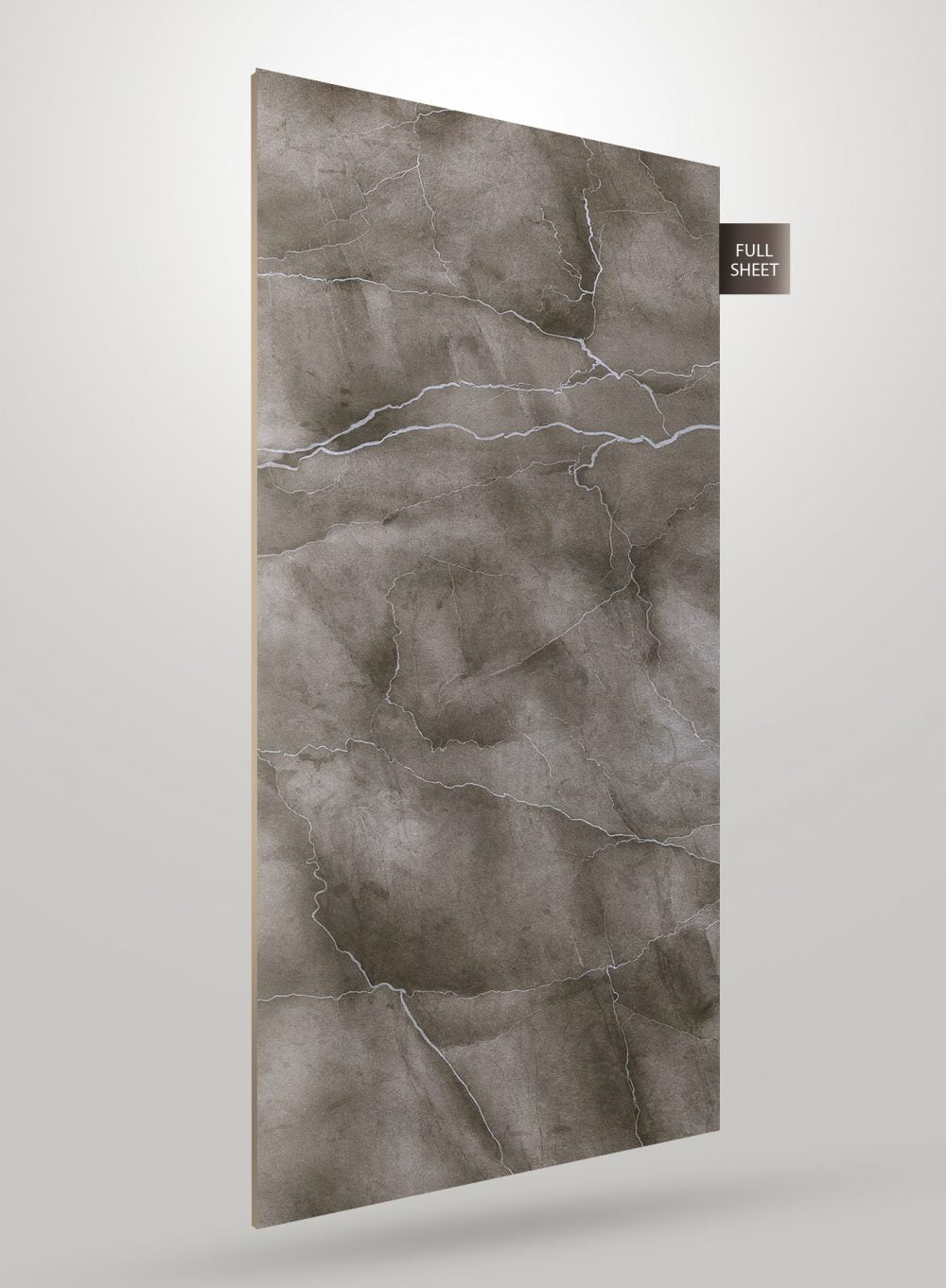 Grey marble laminate sheet with white veins and glossy finish displayed as full sheet.