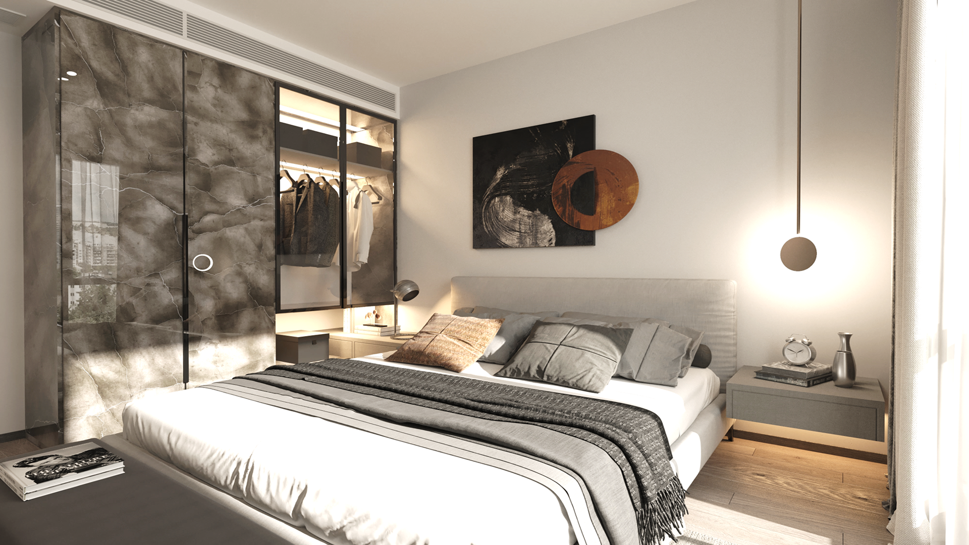Grey marble laminate wall with high gloss finish and veining pattern in a modern bedroom setting with furniture and decor