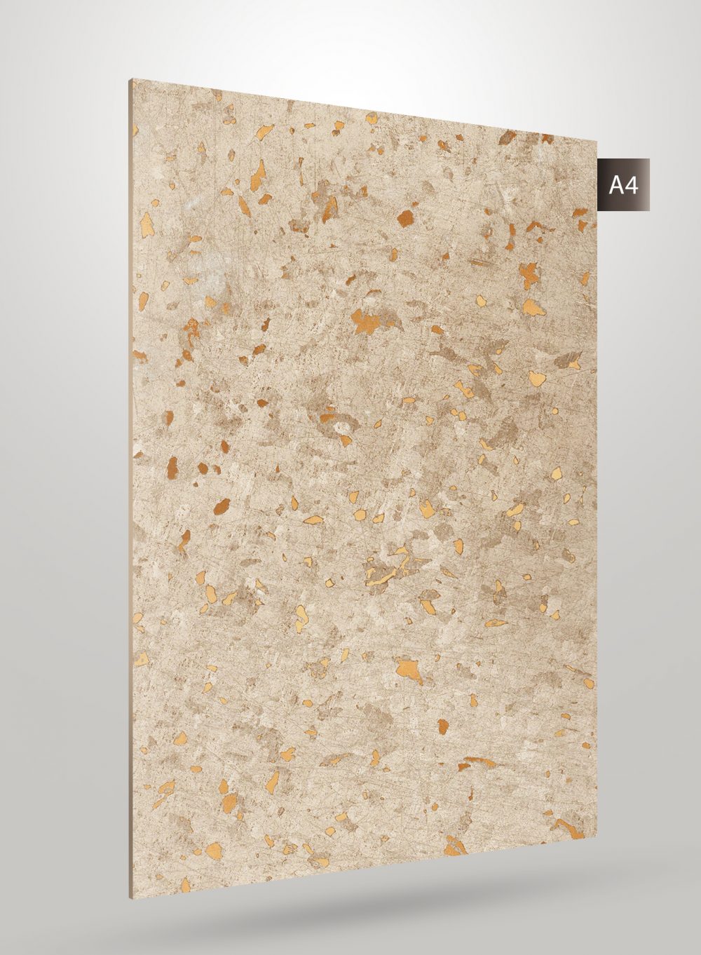 Beige marble laminate with gold flecks and high gloss finish, showing speckled pattern and subtle texture on a light