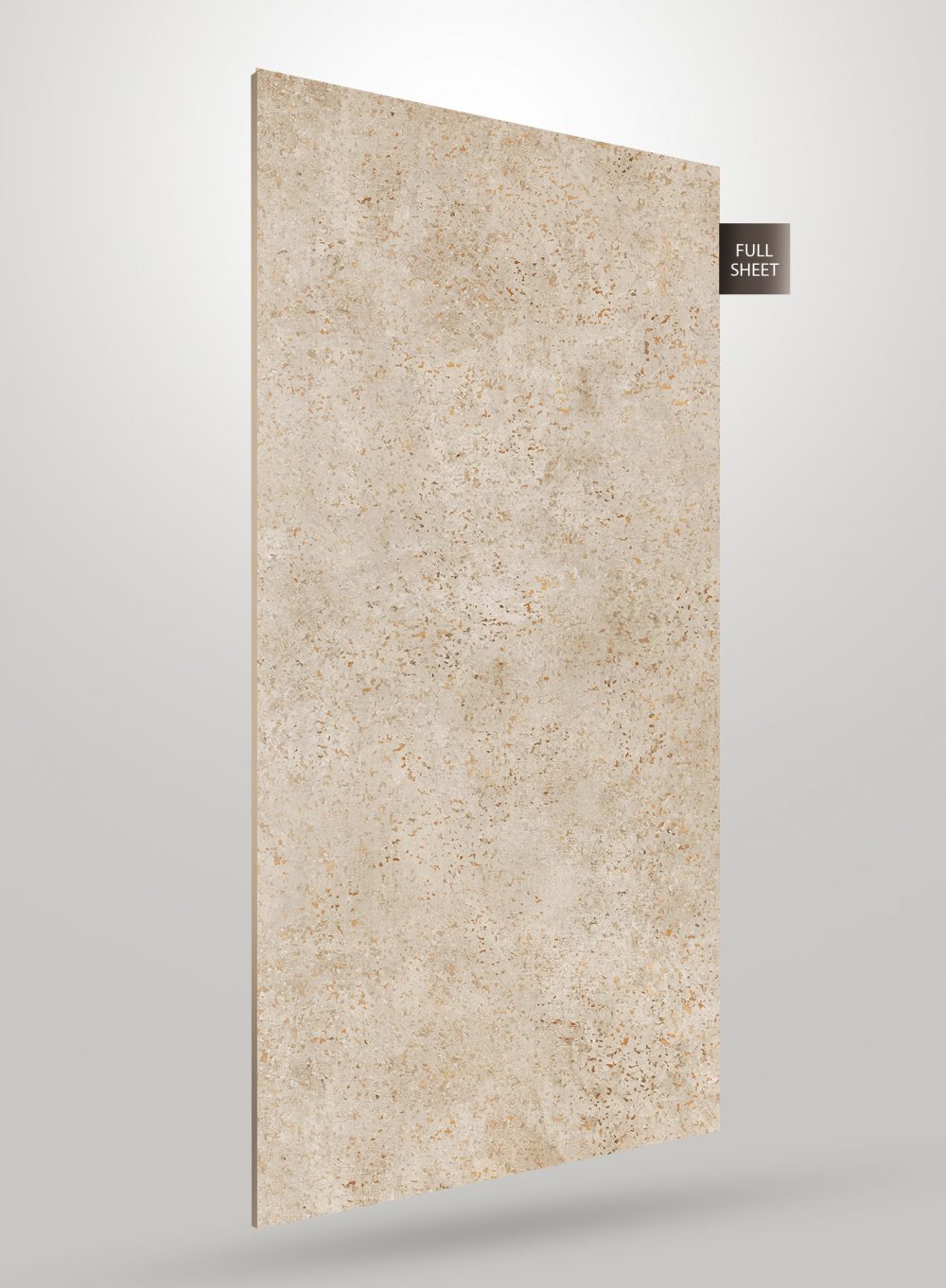 Beige marble laminate sheet with speckled pattern and glossy finish displayed upright with full sheet label.