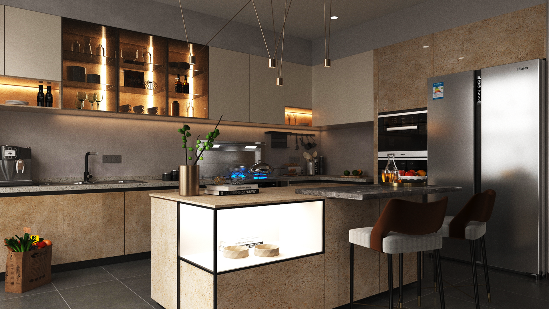 Beige marble laminate kitchen with high gloss finish and speckled pattern on cabinets and countertops, modern appliances and