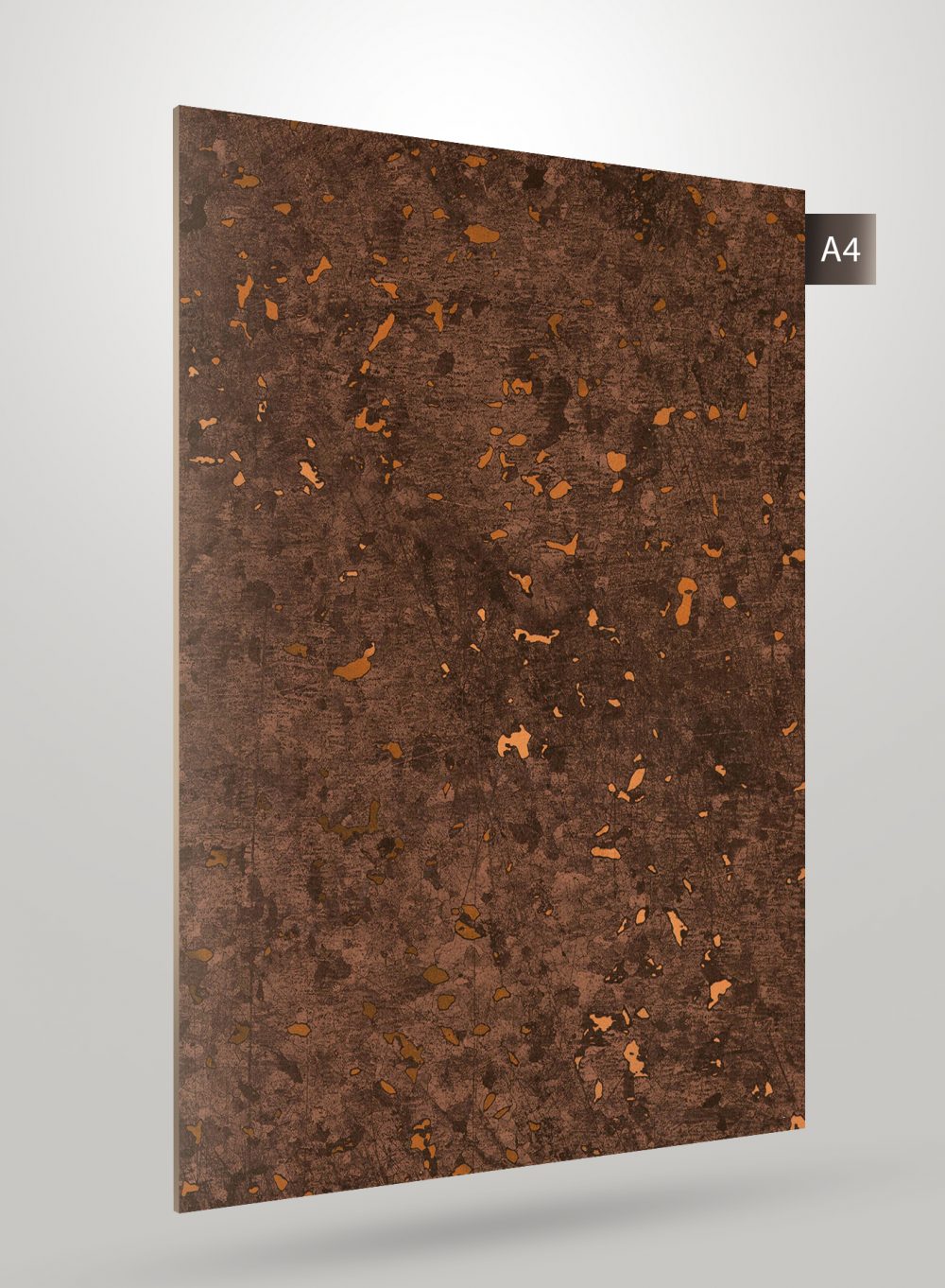 Brown marble laminate sheet with orange flecks and high gloss finish, decorative stone pattern visible on the surface.