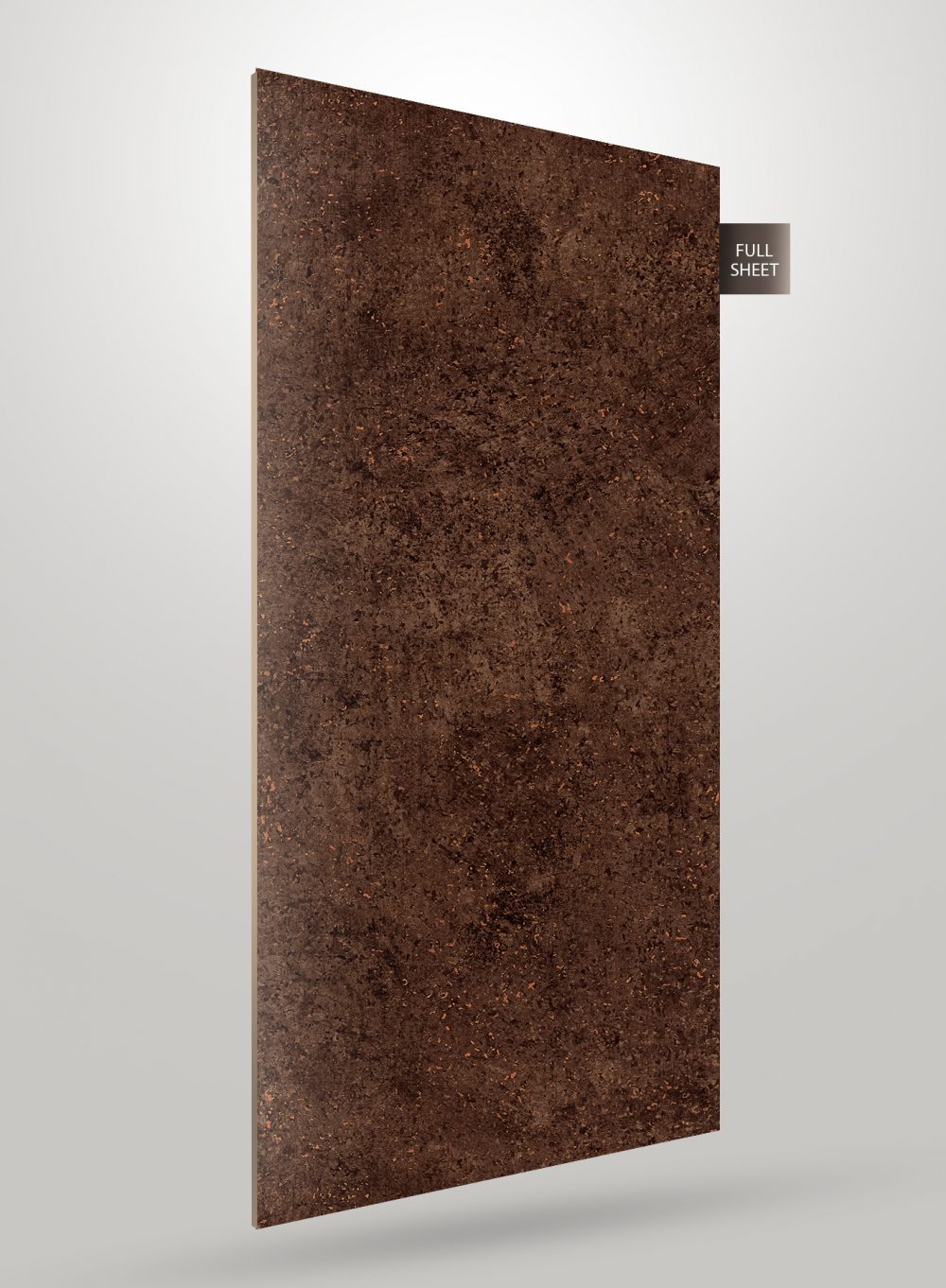 Brown marble laminate sheet with speckled texture and high gloss finish displayed at an angle with full sheet label.