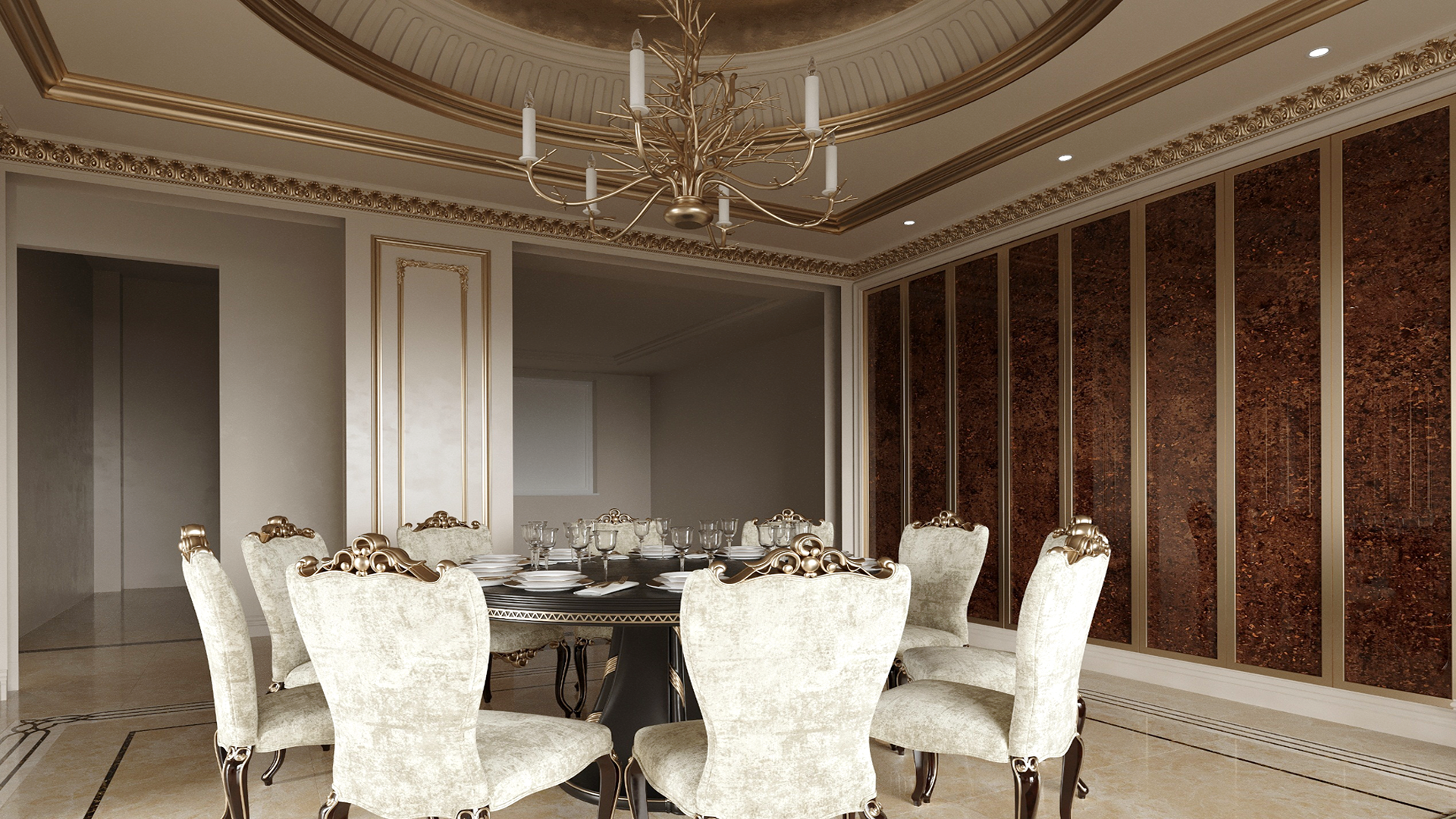 Brown marble laminate wall panels with high gloss finish in a luxurious dining room setting with ornate decor