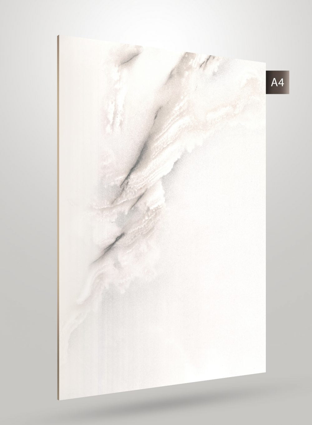 White marble laminate sheet with matte finish and subtle veining pattern, showcasing a decorative stone design.
