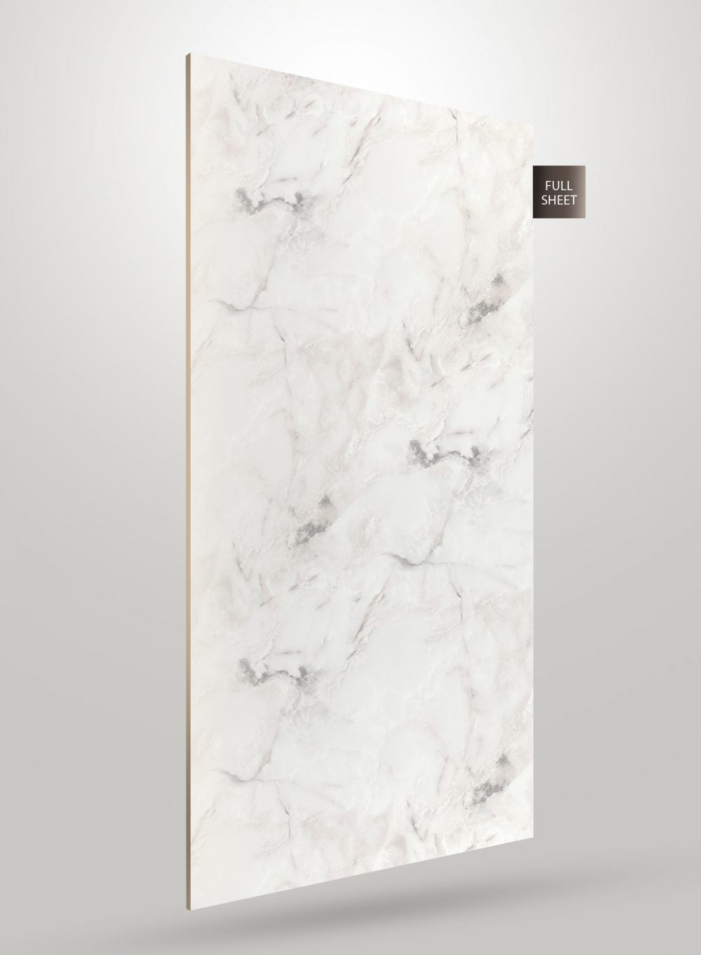 White marble laminate sheet with subtle grey veining and matte finish, displayed at an angle with visible thickness.