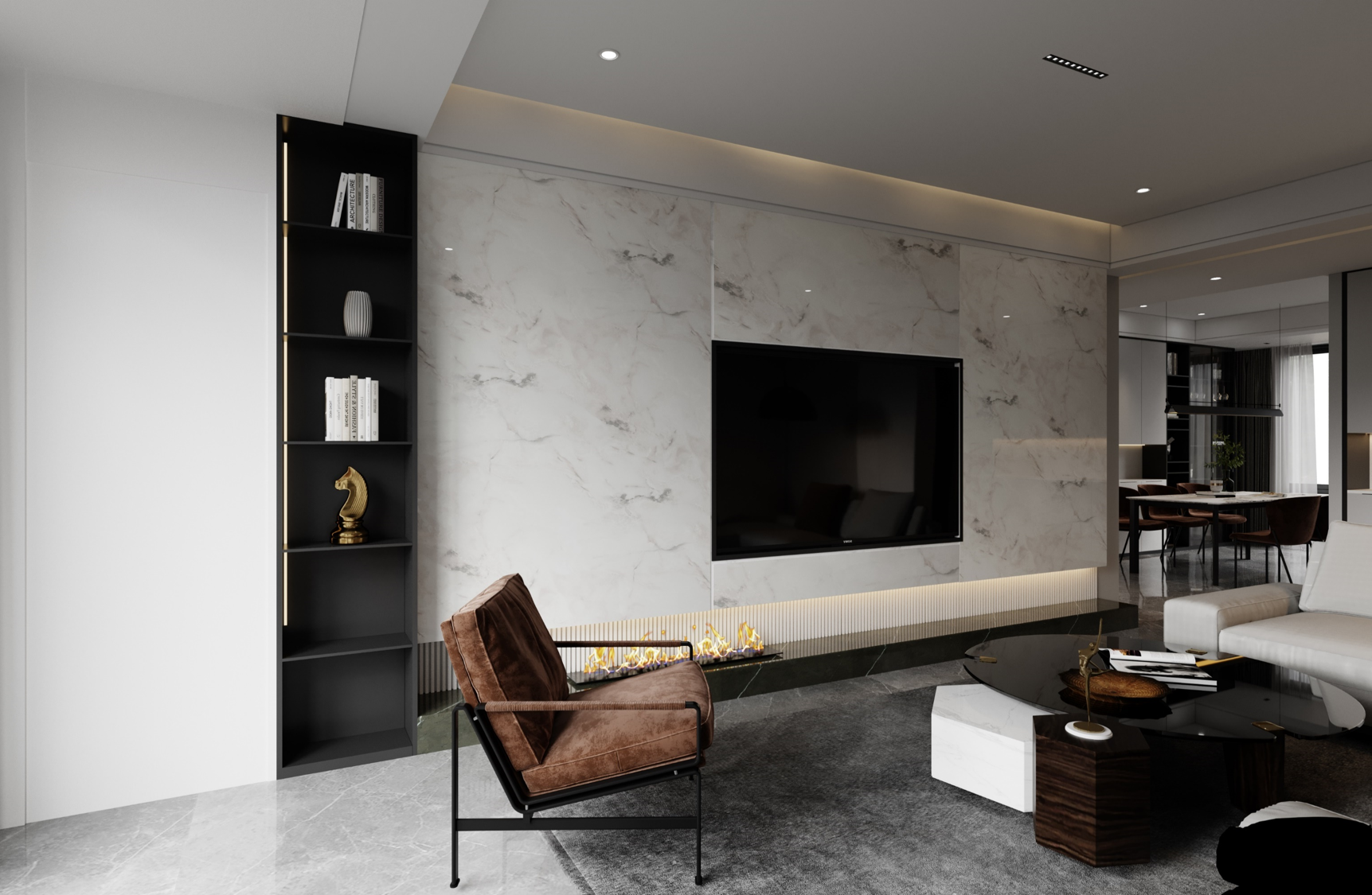 White marble laminate wall with gray veining in modern living room with brown chair and black coffee table