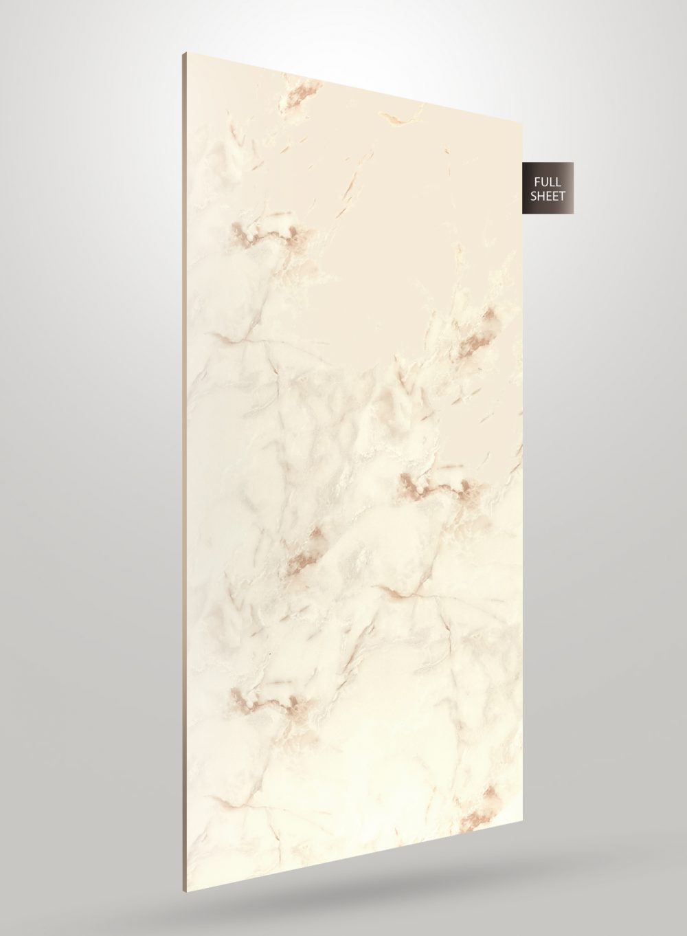 Beige marble laminate sheet with subtle veining and matte finish displayed on a gray background with full sheet label.