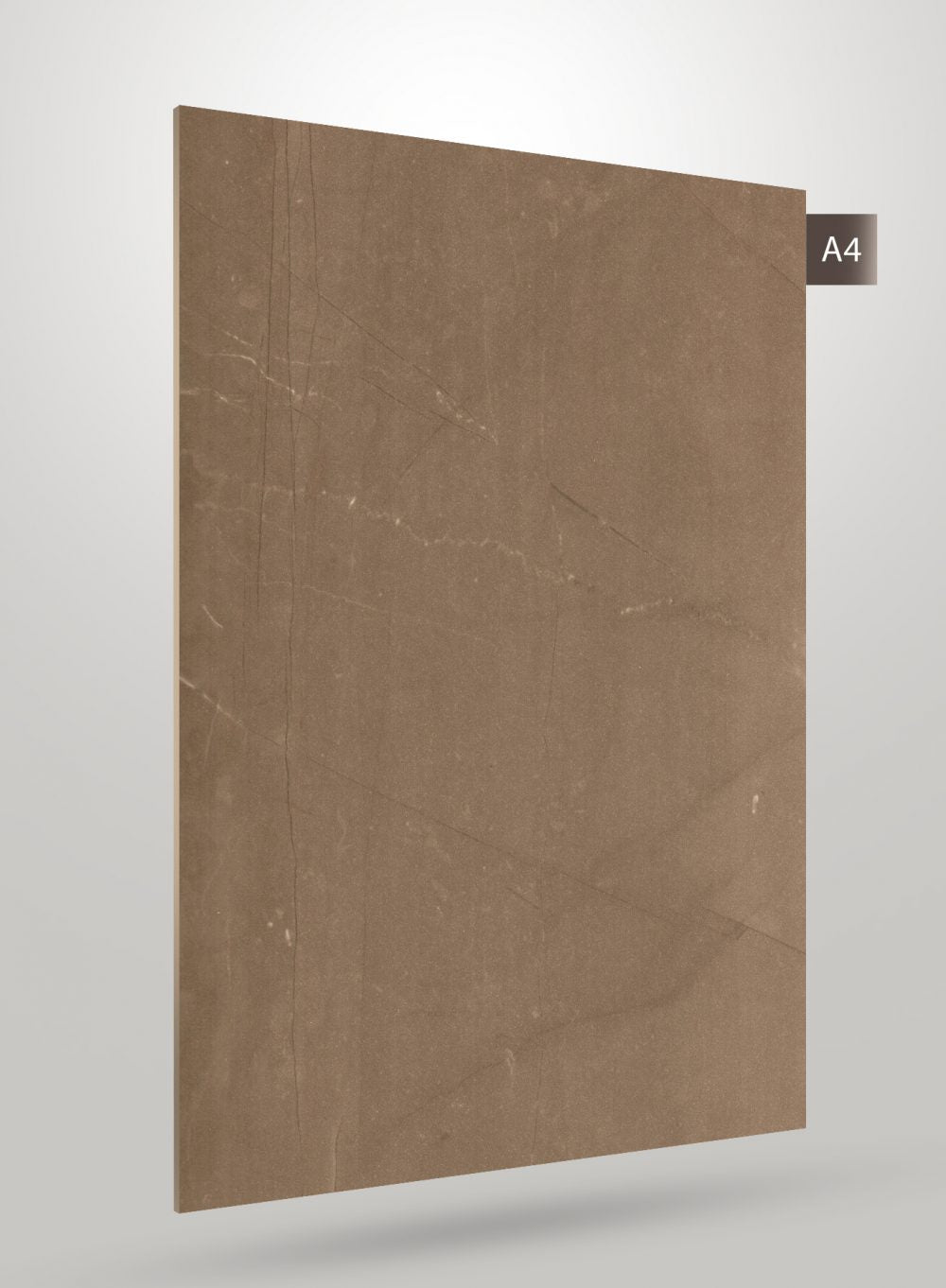 Brown marble laminate sheet with matte finish and veining pattern, decorative laminate for interior use.