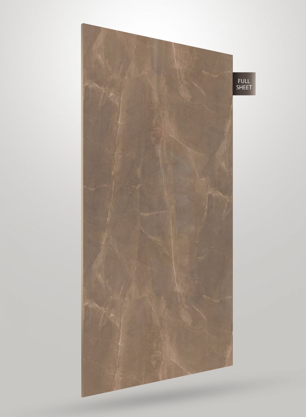 Brown marble laminate sheet with matte finish and veining pattern, displayed at an angle with full sheet label.