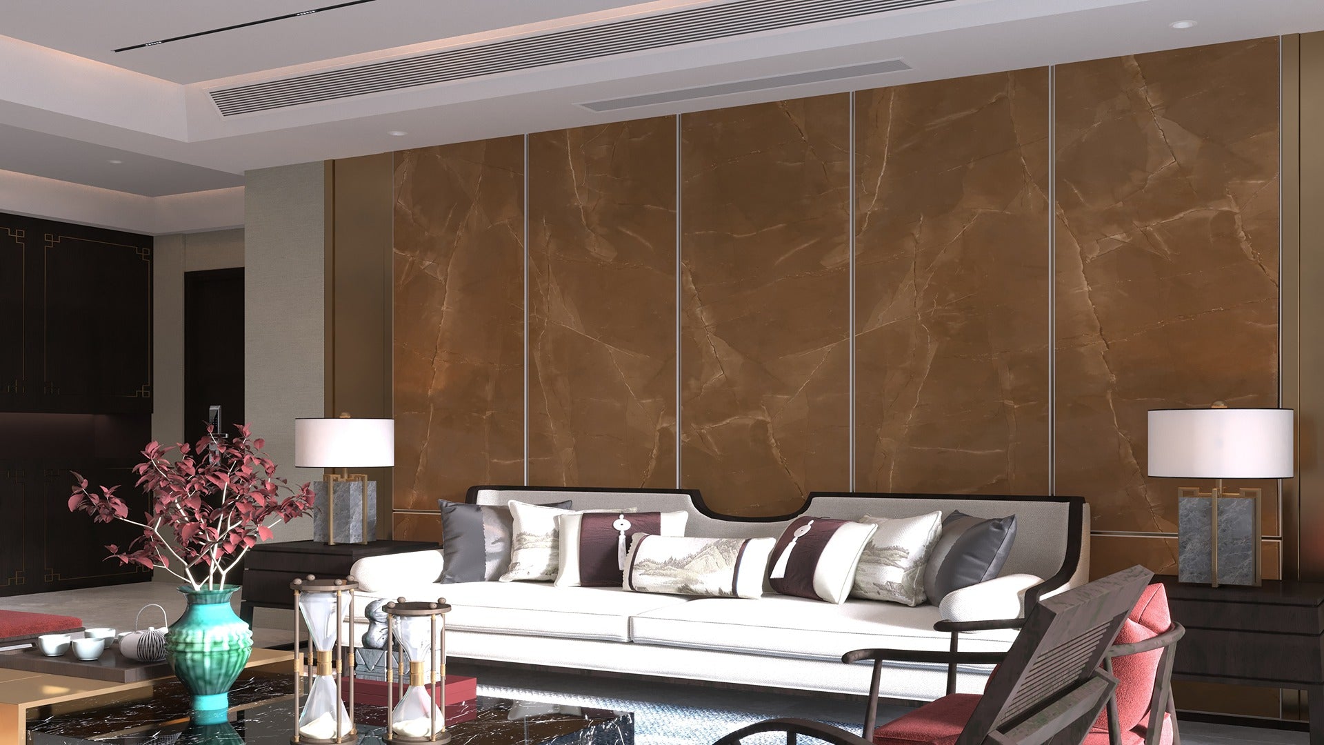 Brown marble laminate wall in modern living room with white sofa and decorative furniture, showing matte finish and veining