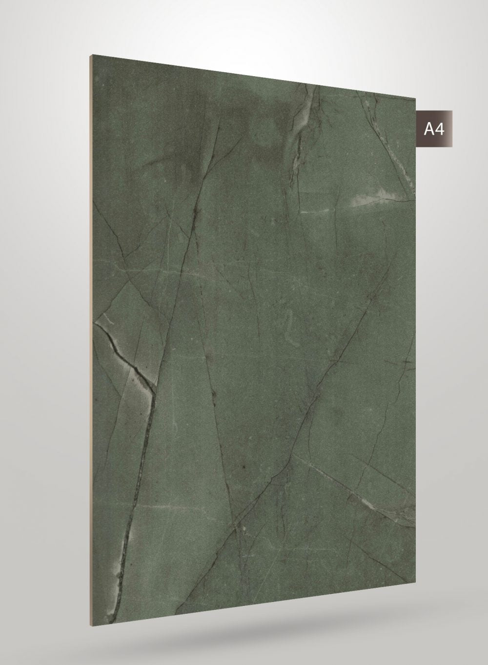 Green marble laminate sheet with matte finish and dark veining pattern, decorative interior material.