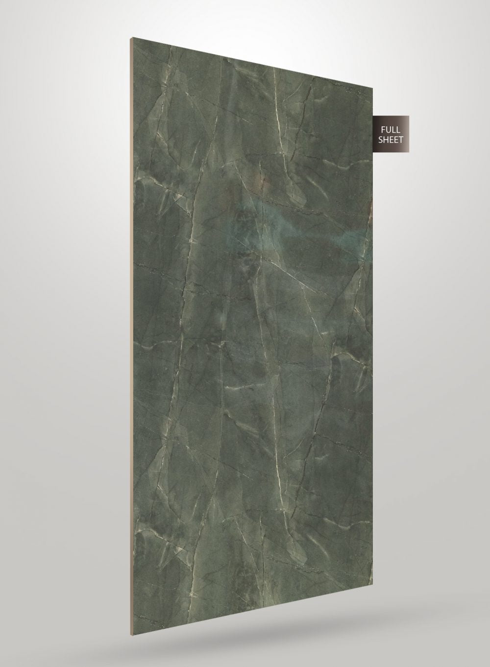 Green marble laminate sheet with white veining and matte finish, displayed upright with full sheet label on corner.